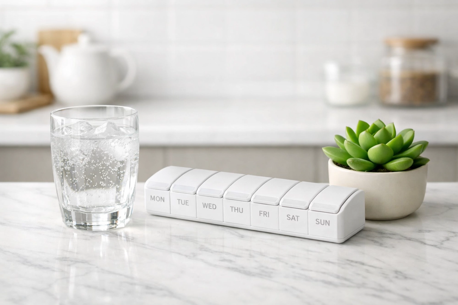 Modern pill organizer and water on a marble counter representing oral Wegovy substitutes for weight loss.