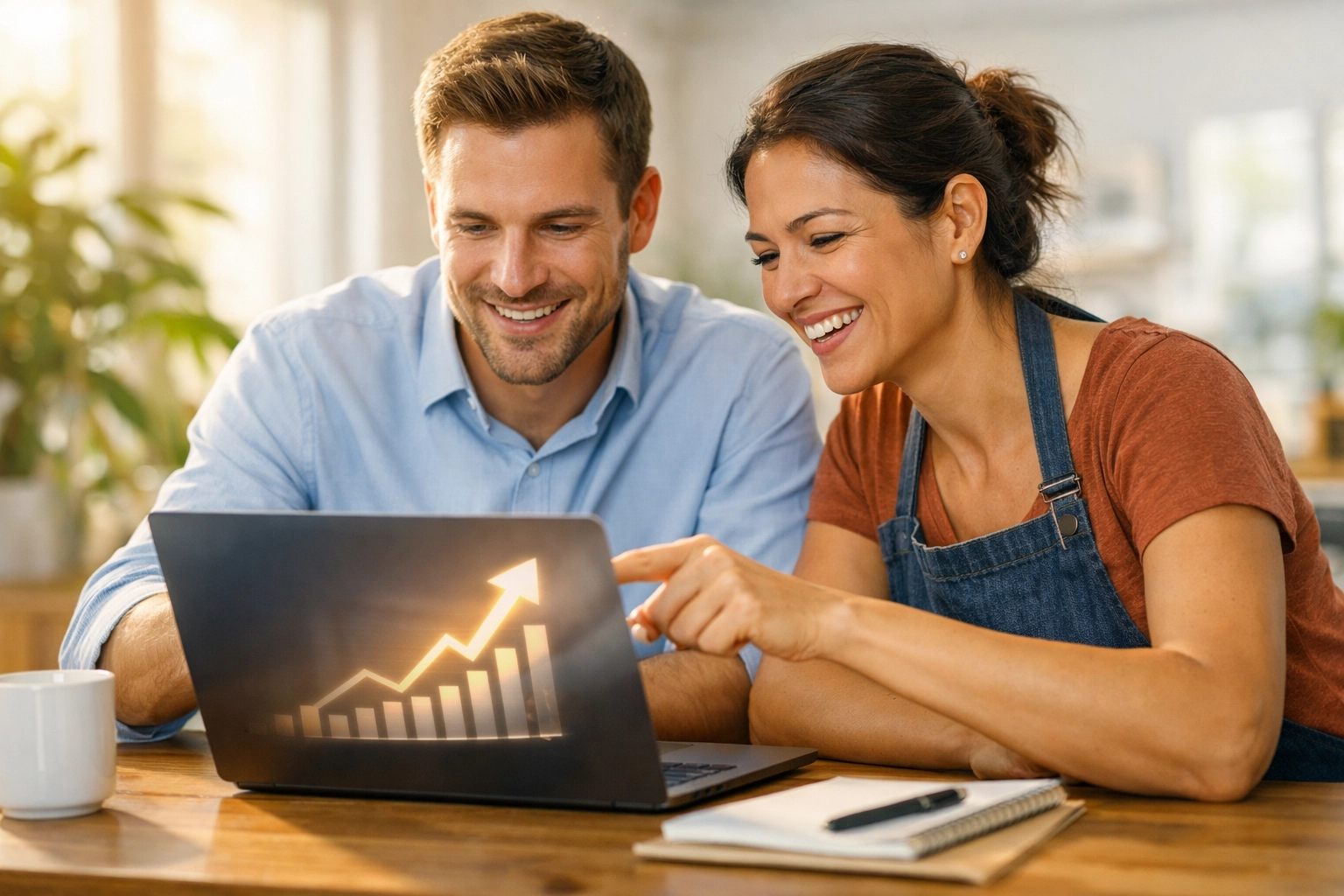 Business owner and digital marketing agency consultant reviewing data for website redesign services.