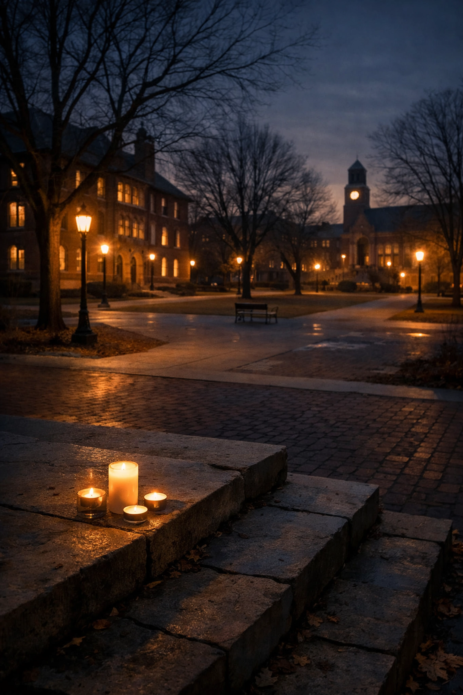 Empty university campus at dusk with memorial candles honoring shooting victims