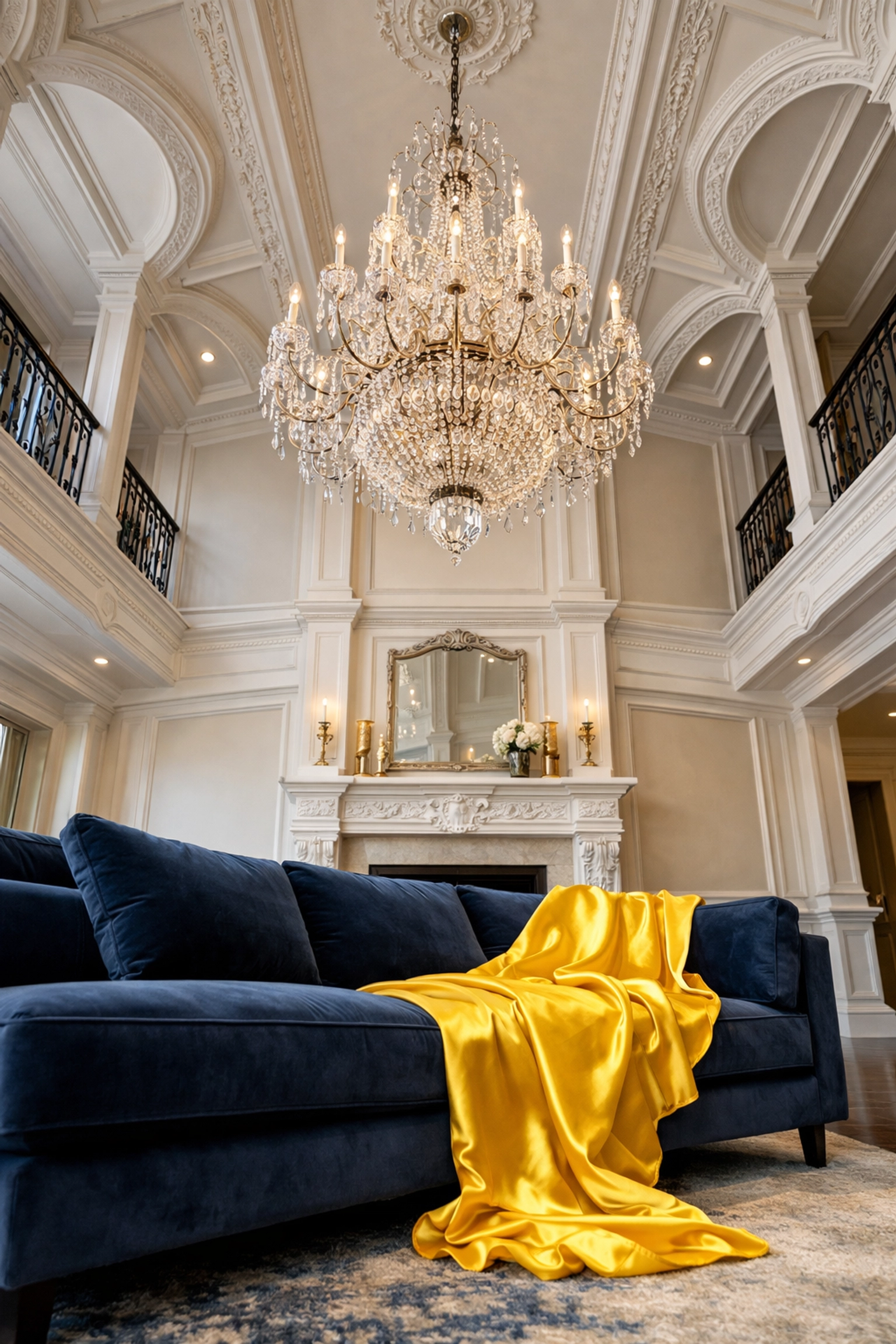 Grand living room with dust-free vaulted ceilings and crystal chandelier in a high-end Carlisle residence.