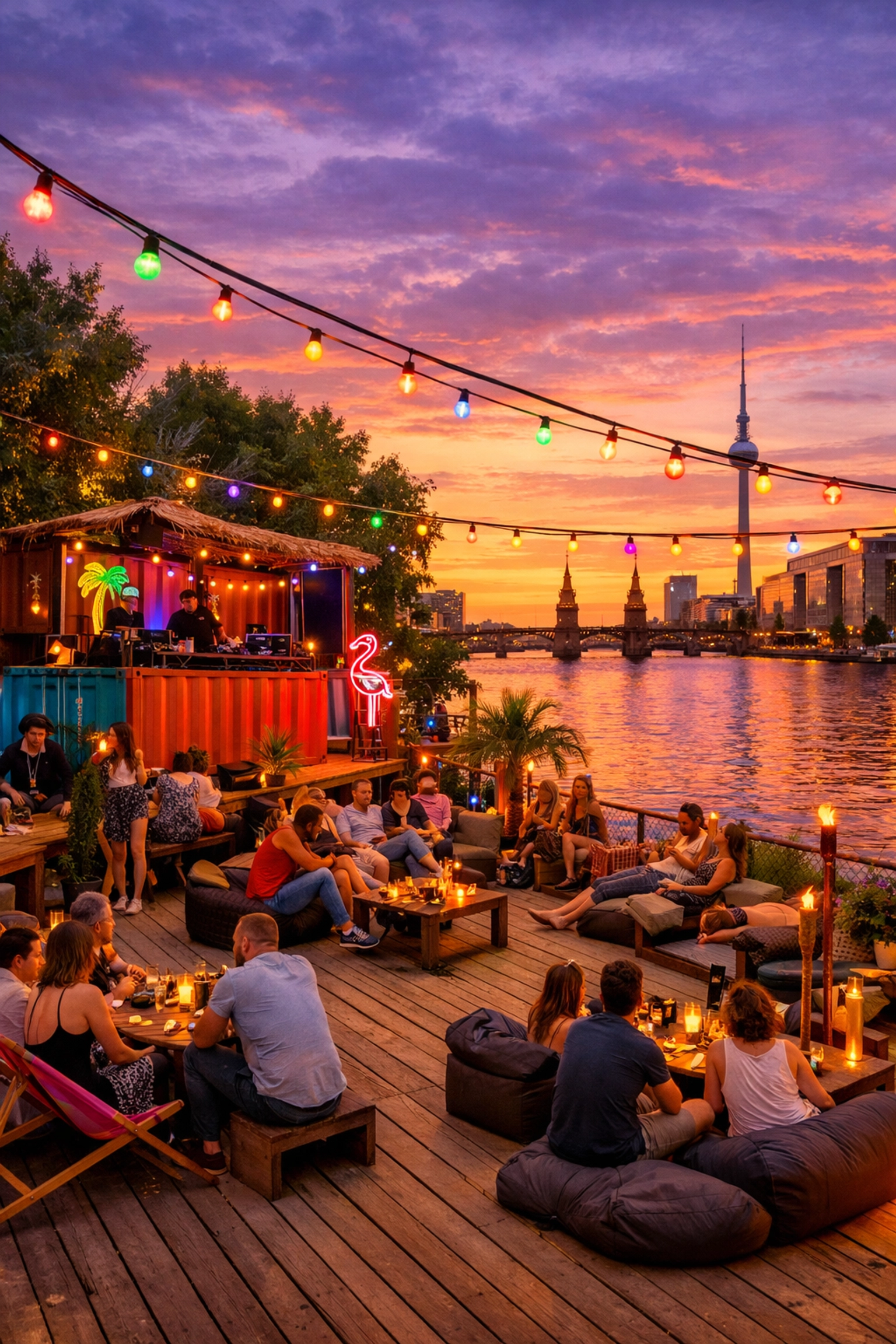 Berlin canal-side summer club with outdoor seating and DJ booth near Spree River