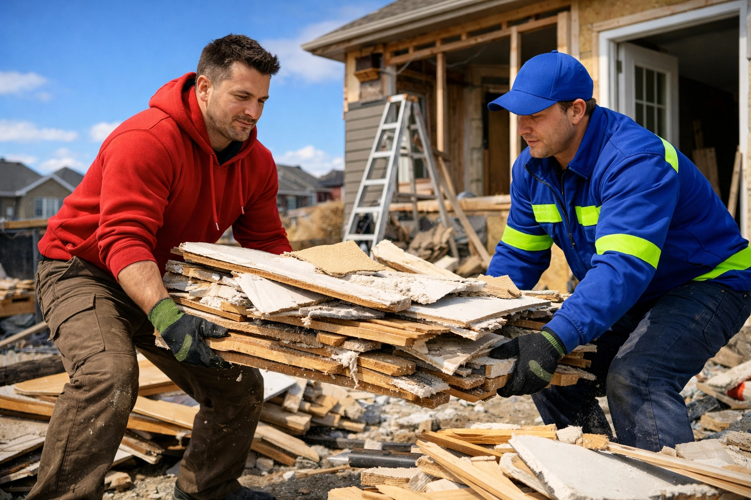 Junk GTA team removing construction debris in Bradford at a residential renovation site.