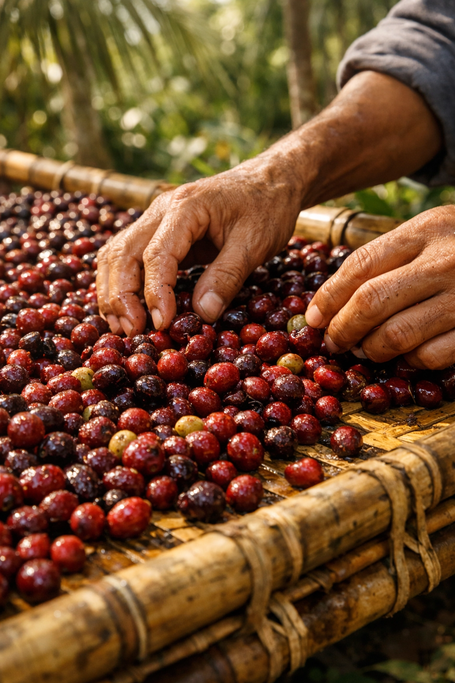 Hands sorting fresh coffee cherries during post-harvest processing in Sumatra Indonesia