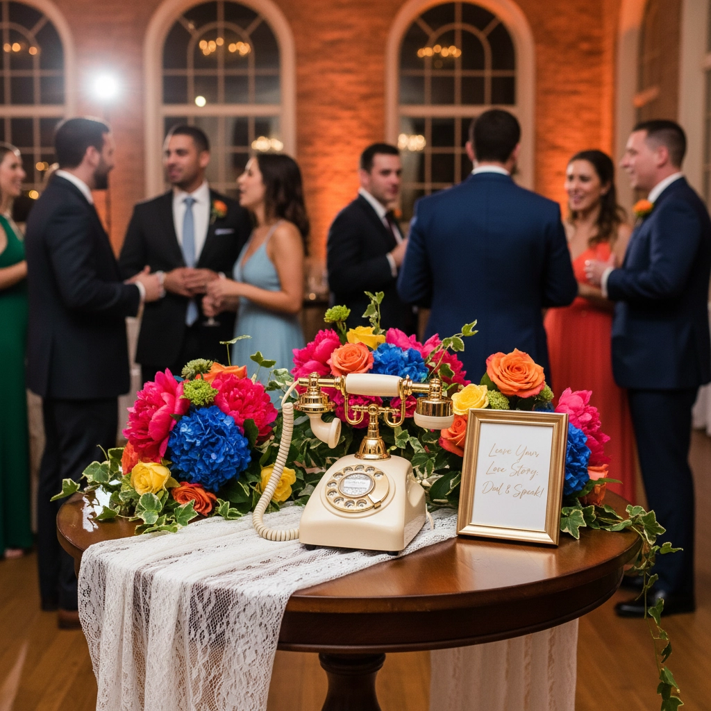 Elegant event setting with guests chatting. Foreground: vintage phone, vibrant flowers, framed note. Warm lighting, arched windows.