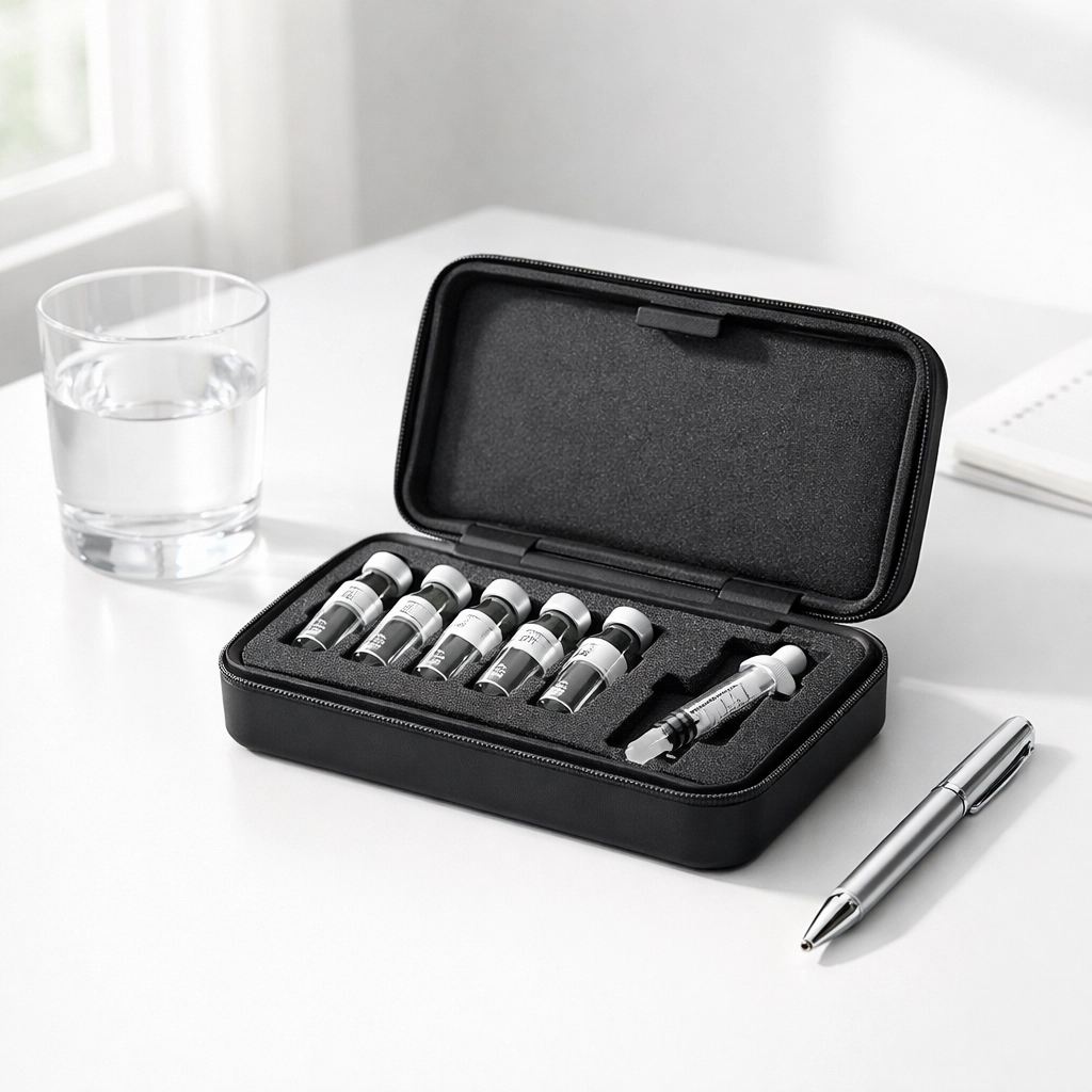 Professional storage case for organized Retatrutide peptide vials and laboratory research supplies.