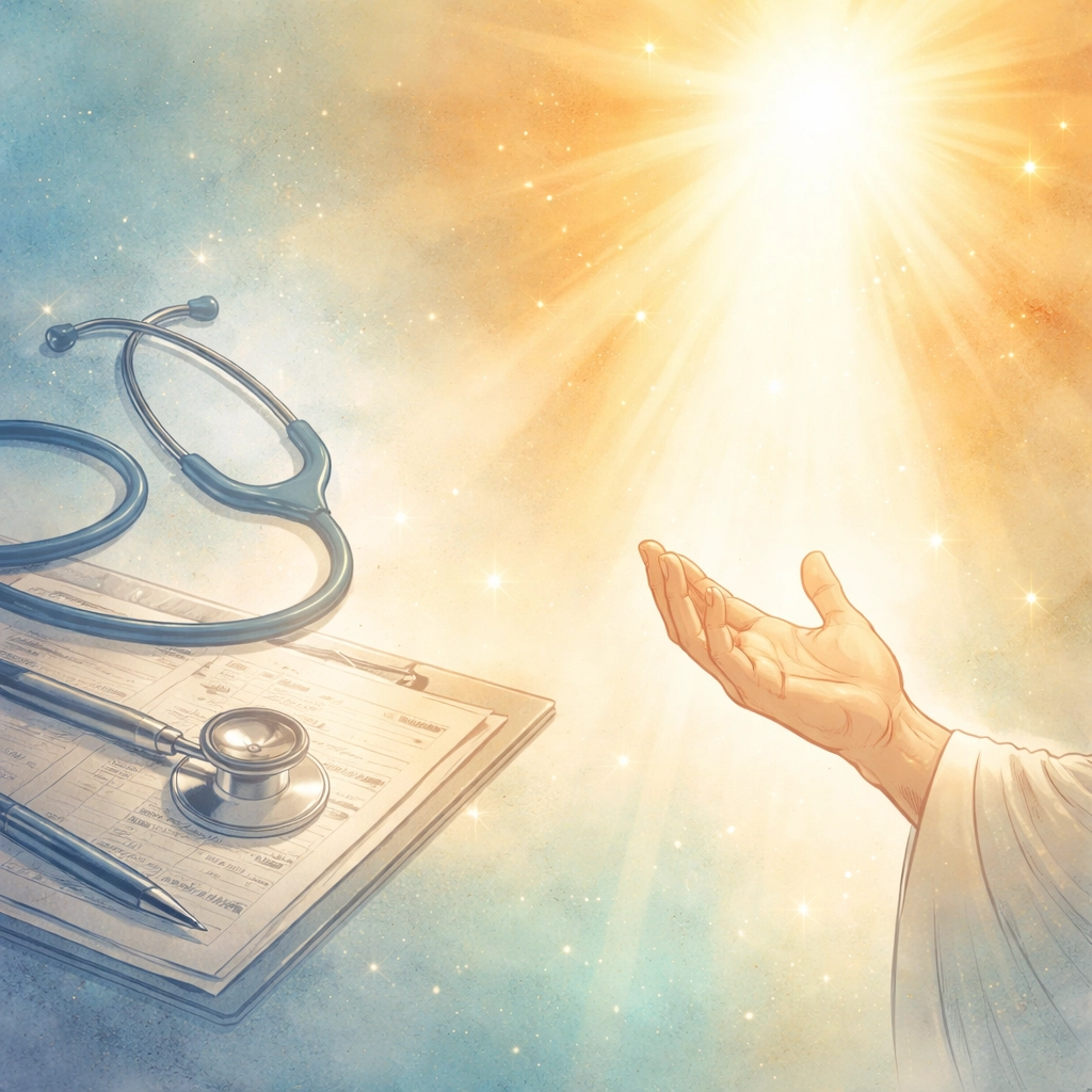 A stethoscope and an open hand reaching for light, illustrating faith and science united in healing miracles.