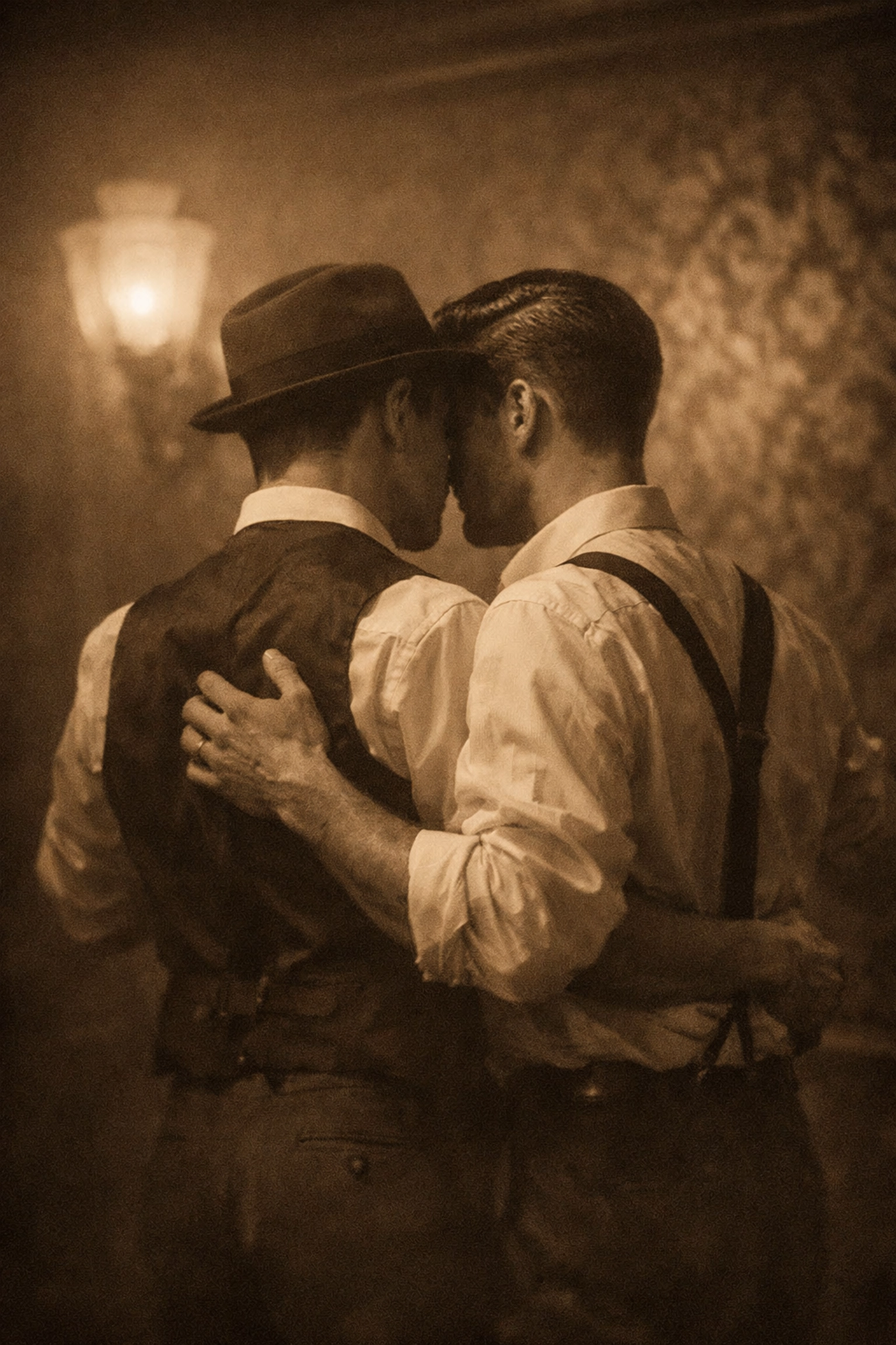 Two gay men dancing intimately in 1920s Berlin cabaret during era of queer liberation