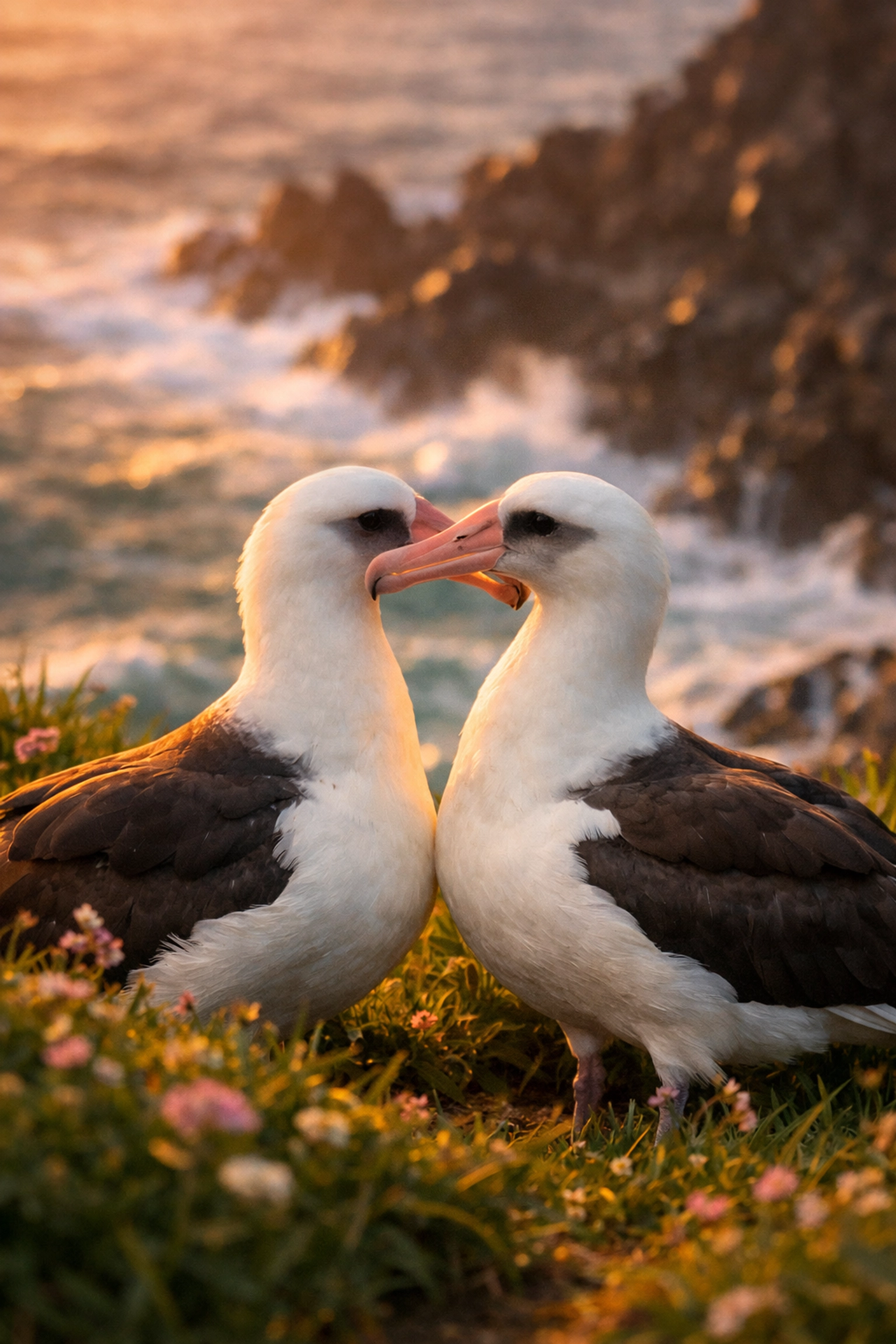 Two female Laysan Albatrosses dancing on a Hawaiian cliffside, symbolizing lesbian romance in the wild.
