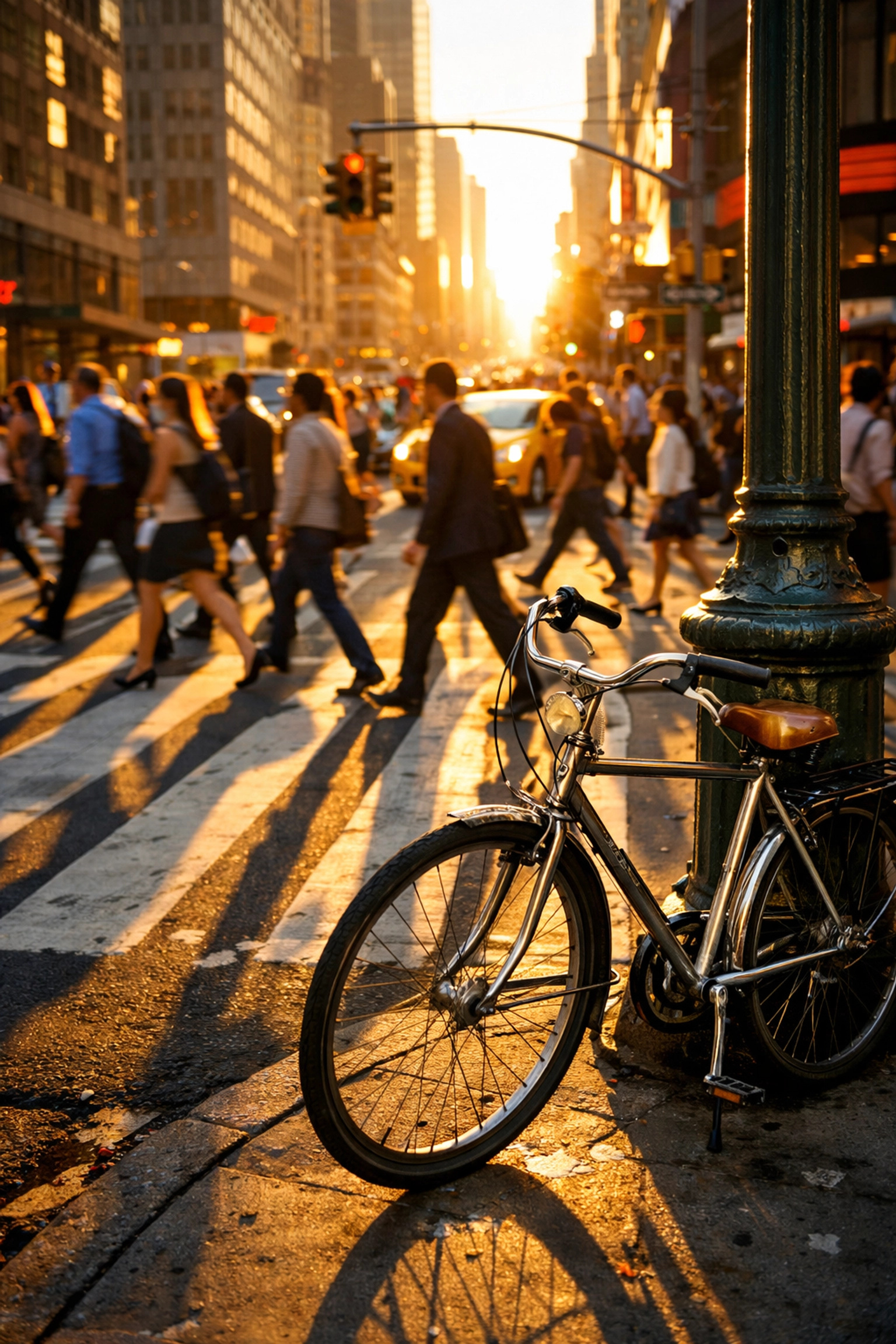 Urban street photography of a busy city intersection at golden hour with dramatic shadows and commuters.