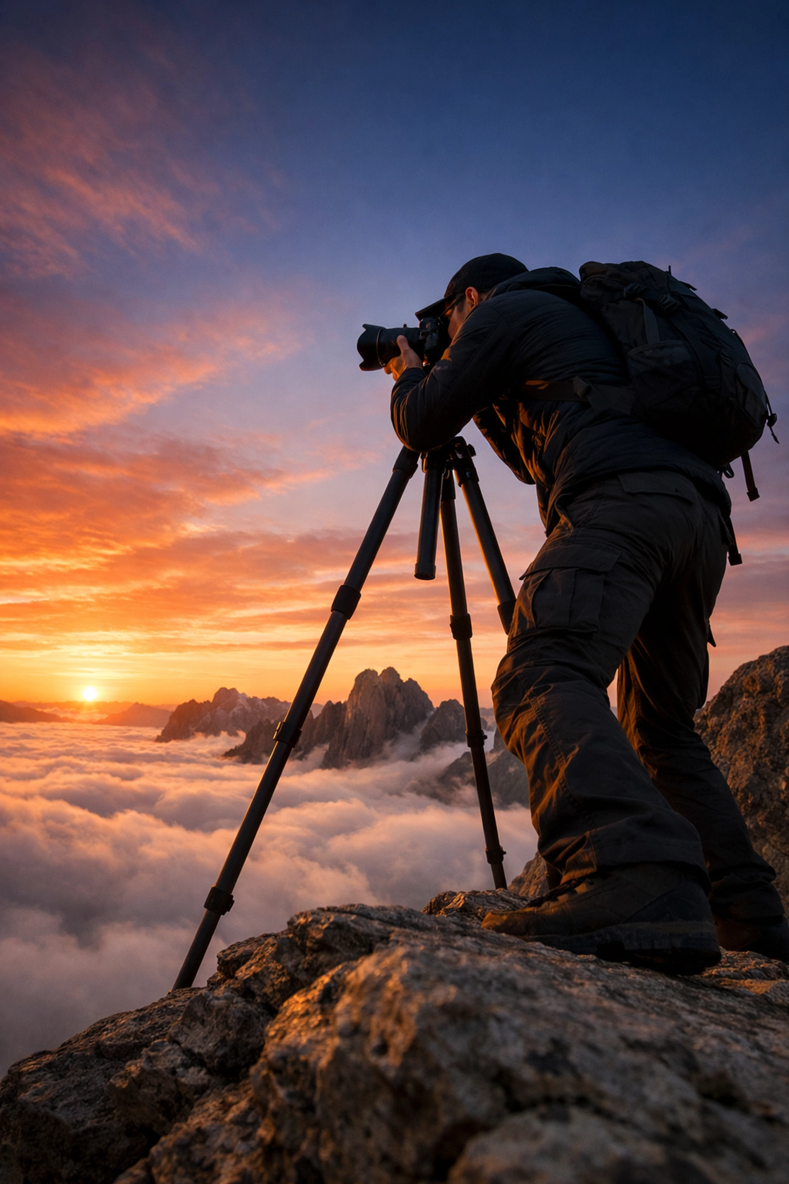 Landscape photographer shooting a mountain sunrise, highlighting travel and professional workflow.