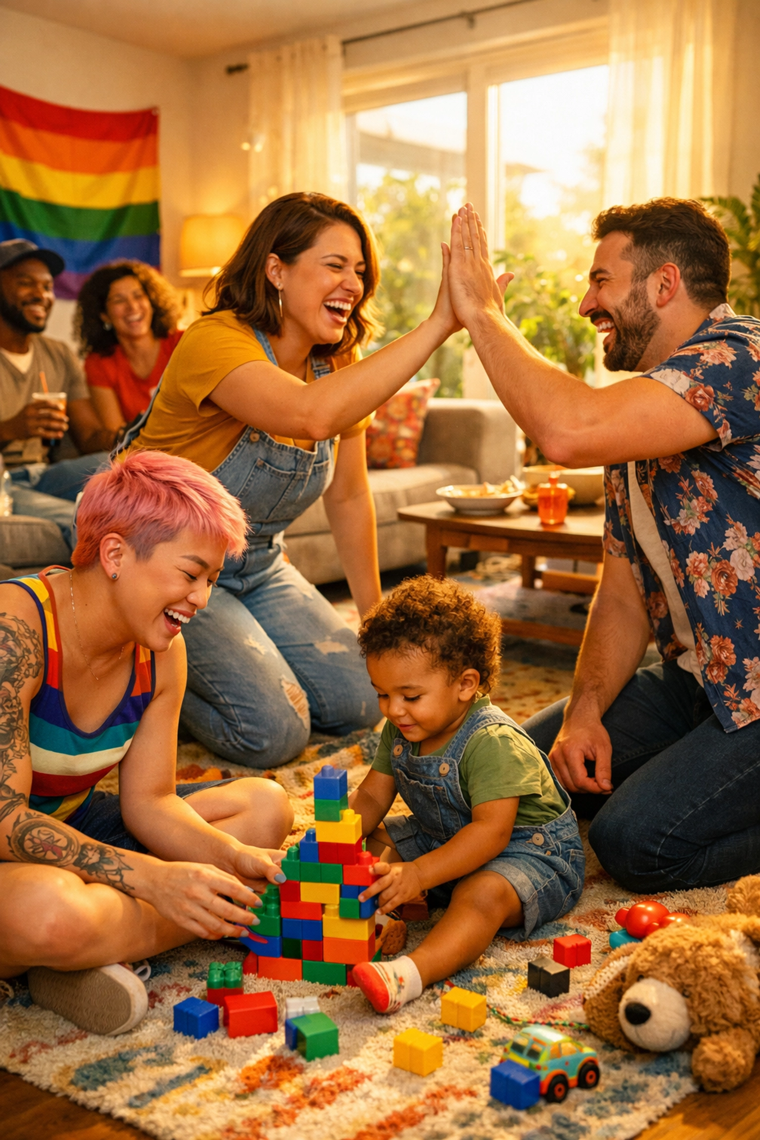 Single lesbian mother laughing with her LGBTQ+ chosen family and toddler in a sun-drenched living room.