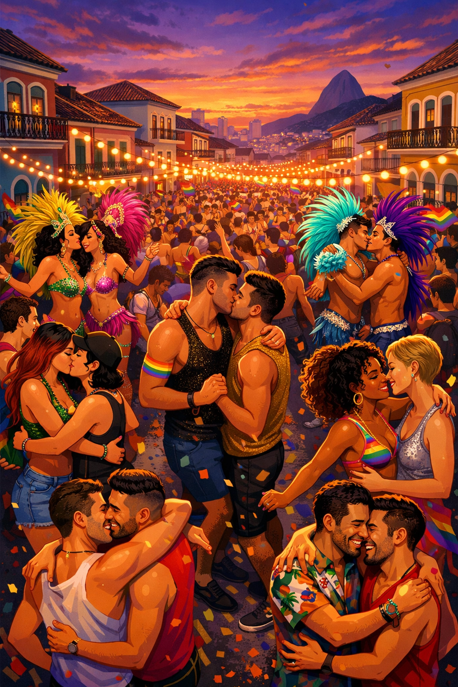 LGBTQ+ crowd celebrating at Rio street bloco party during Carnival festivities