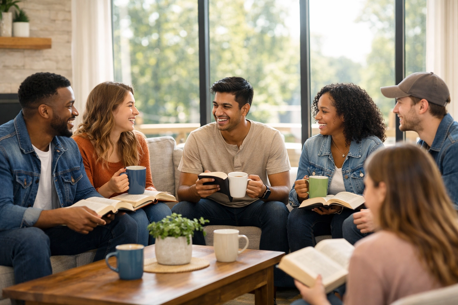 Friends at a community Bible study sharing stories and growing in faith together at Boundless Online Church.