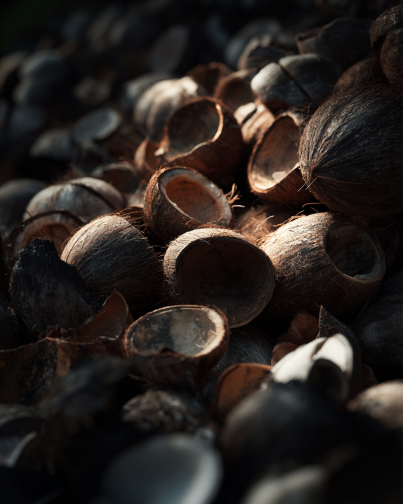 A pile of empty, sunlit coconut shells collected for repurposing into Nakia Coco Charcoal