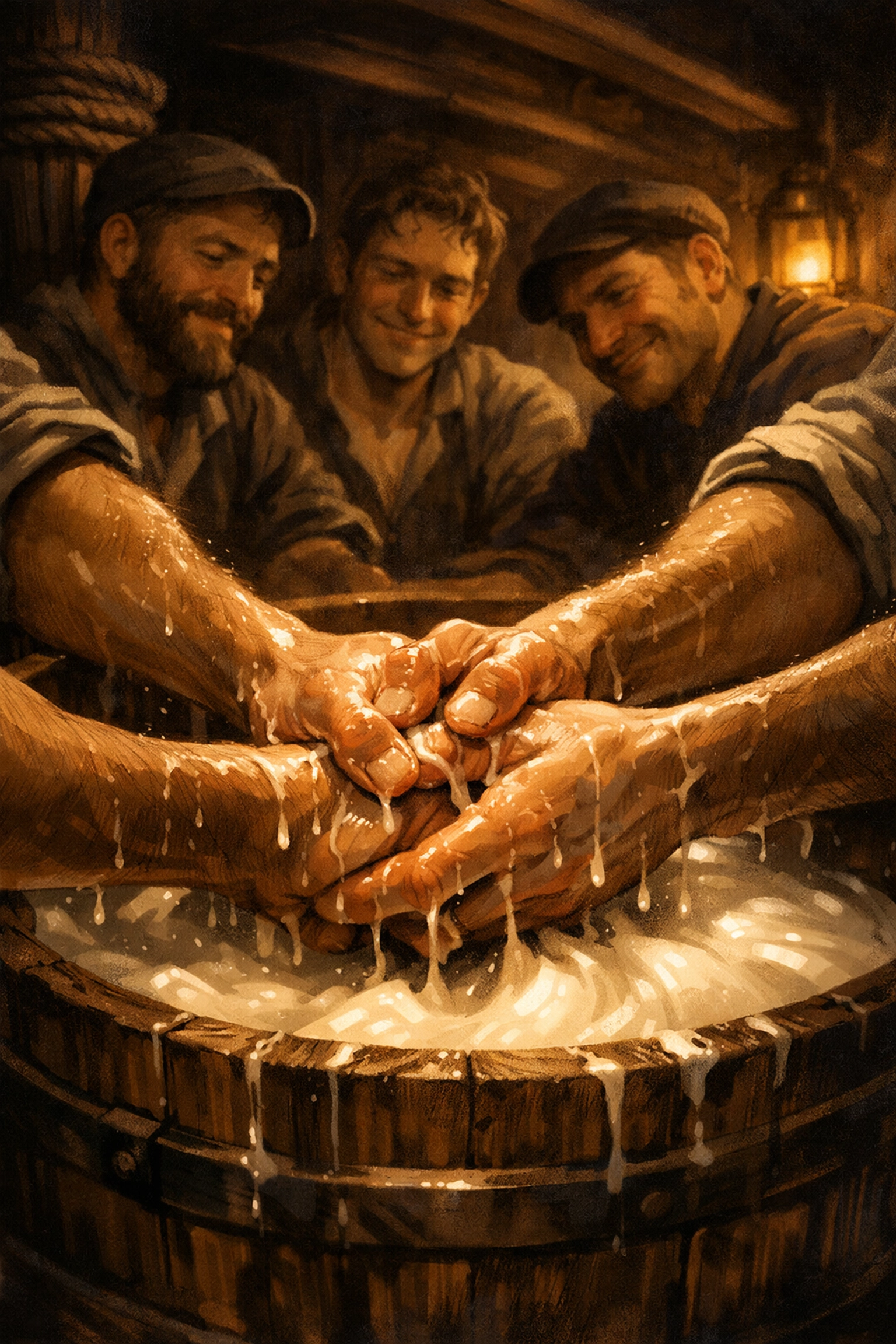 Whalers’ interlaced hands at work on the Pequod, homoerotic Moby-Dick scene and male intimacy