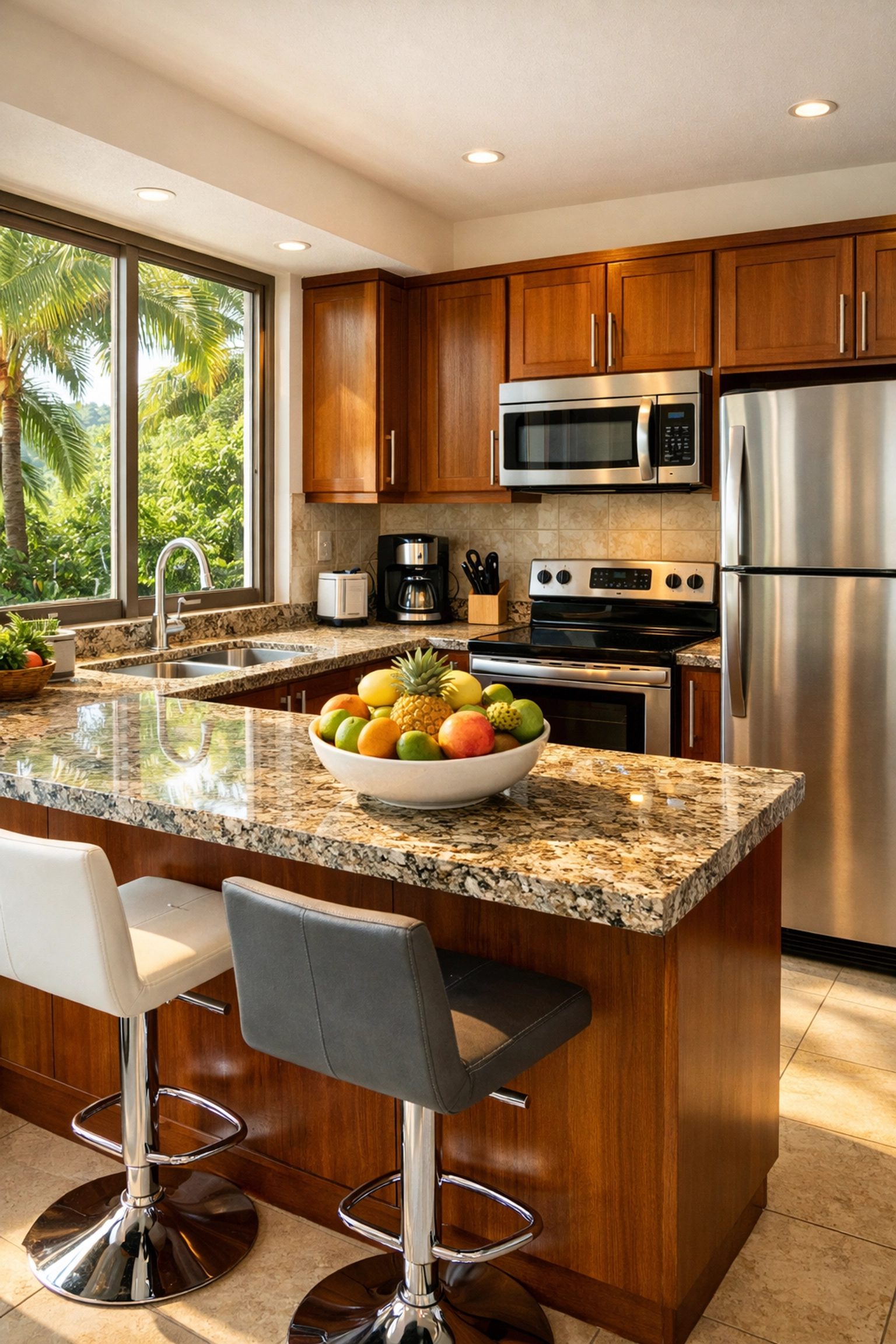 Modern fully-equipped kitchen in Puerto Vallarta condo rental with tropical views