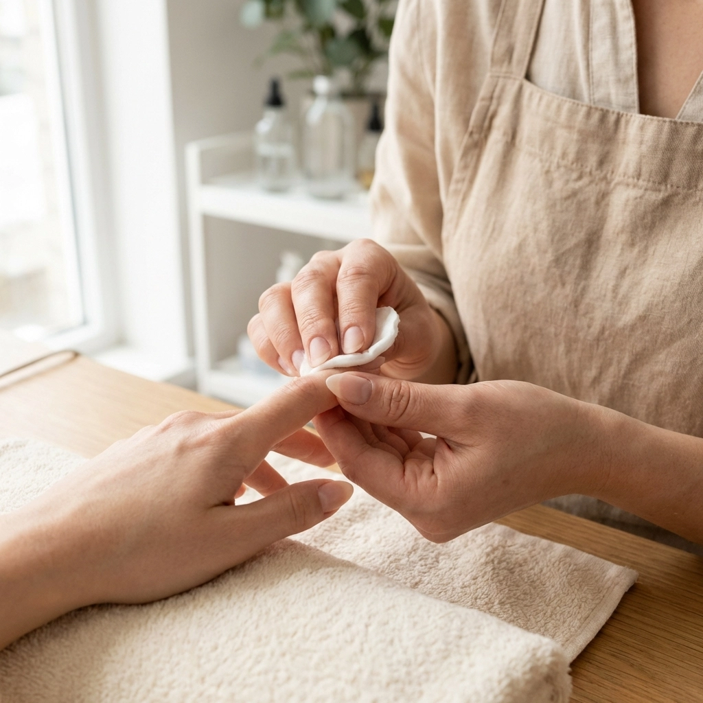 Κοντινή λήψη σε προετοιμασία φυσικών νυχιών από αισθητικό στο Emily's Beauty Salon στην Παιανία