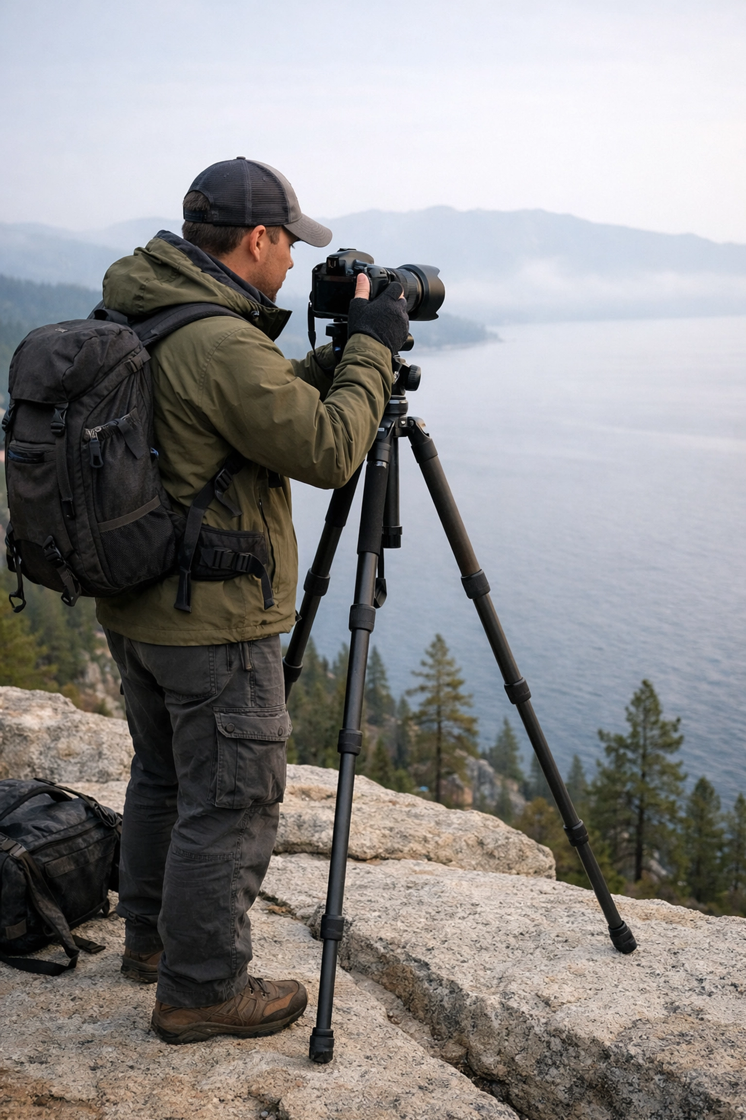 A landscape photographer capturing the best photo spots in Lake Tahoe during the morning light.