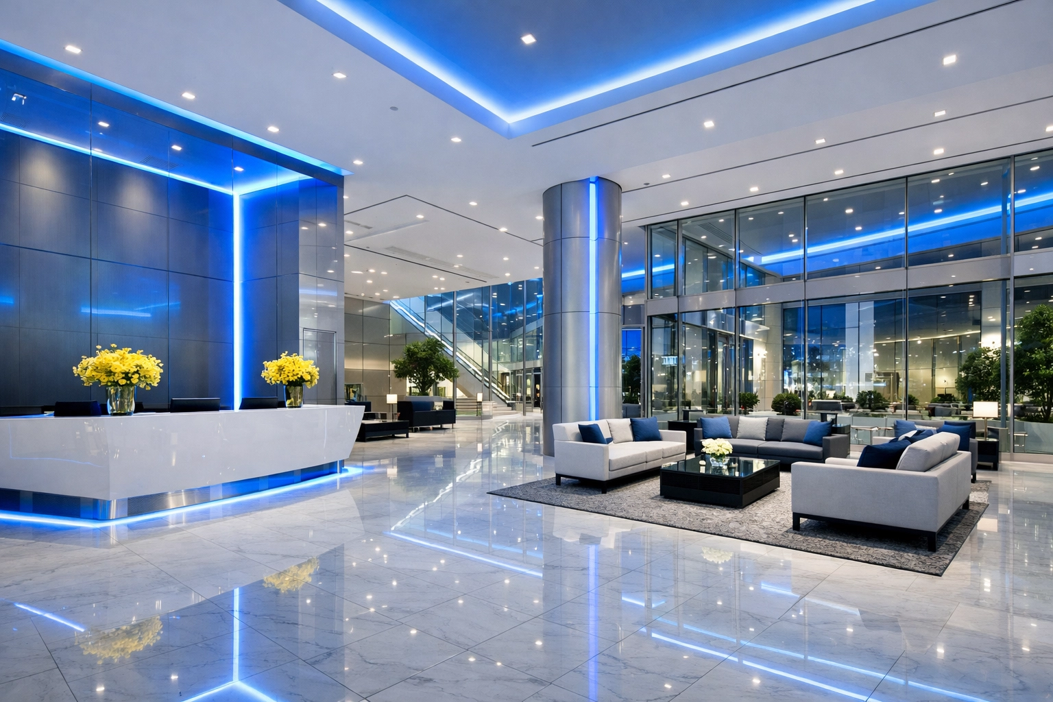 Prestigious commercial lobby featuring spotless marble floors from reliable property management cleaning services.