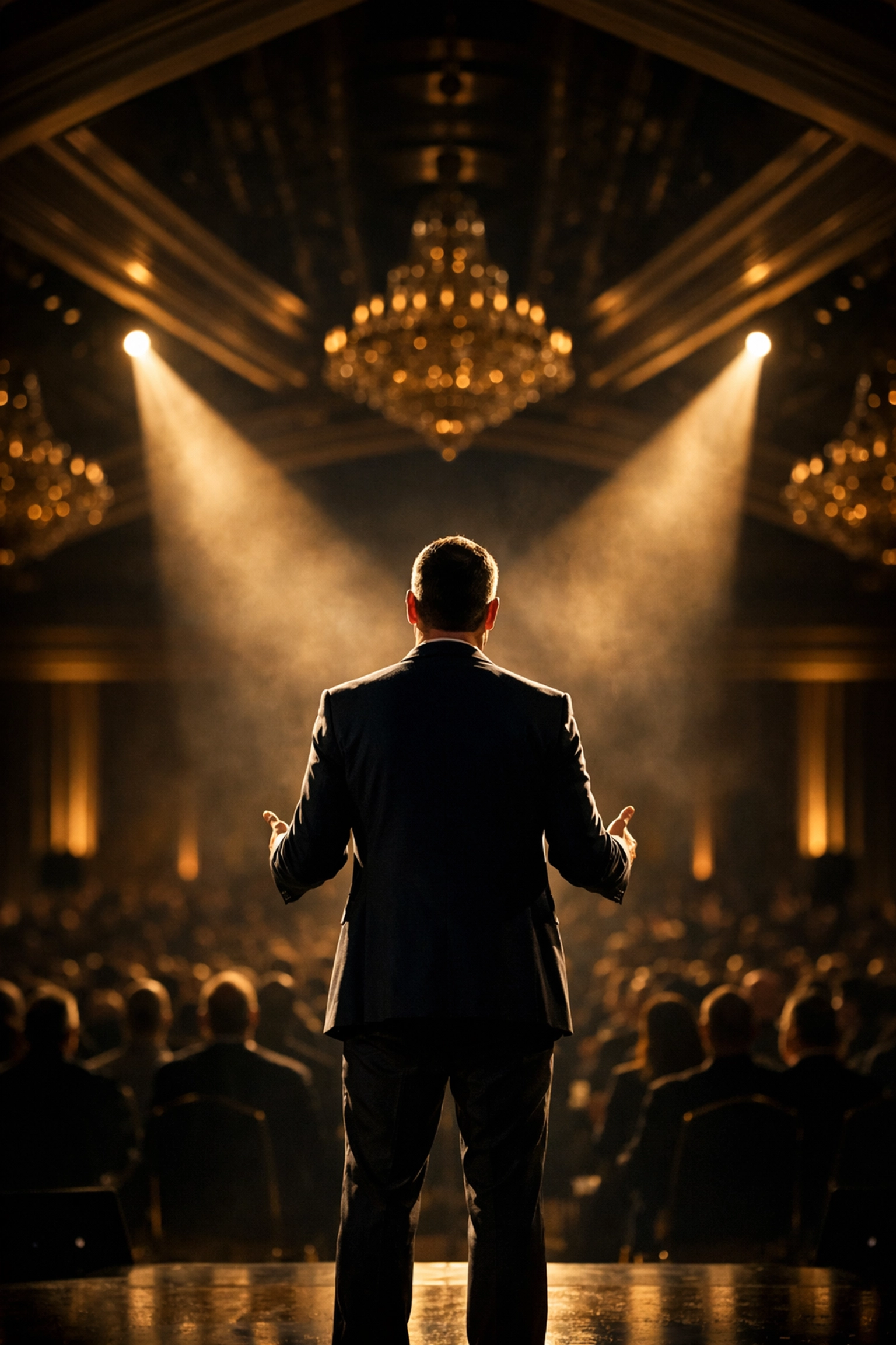 Cinematic corporate event photography of a keynote speaker in a grand Miami ballroom using fine art lighting.