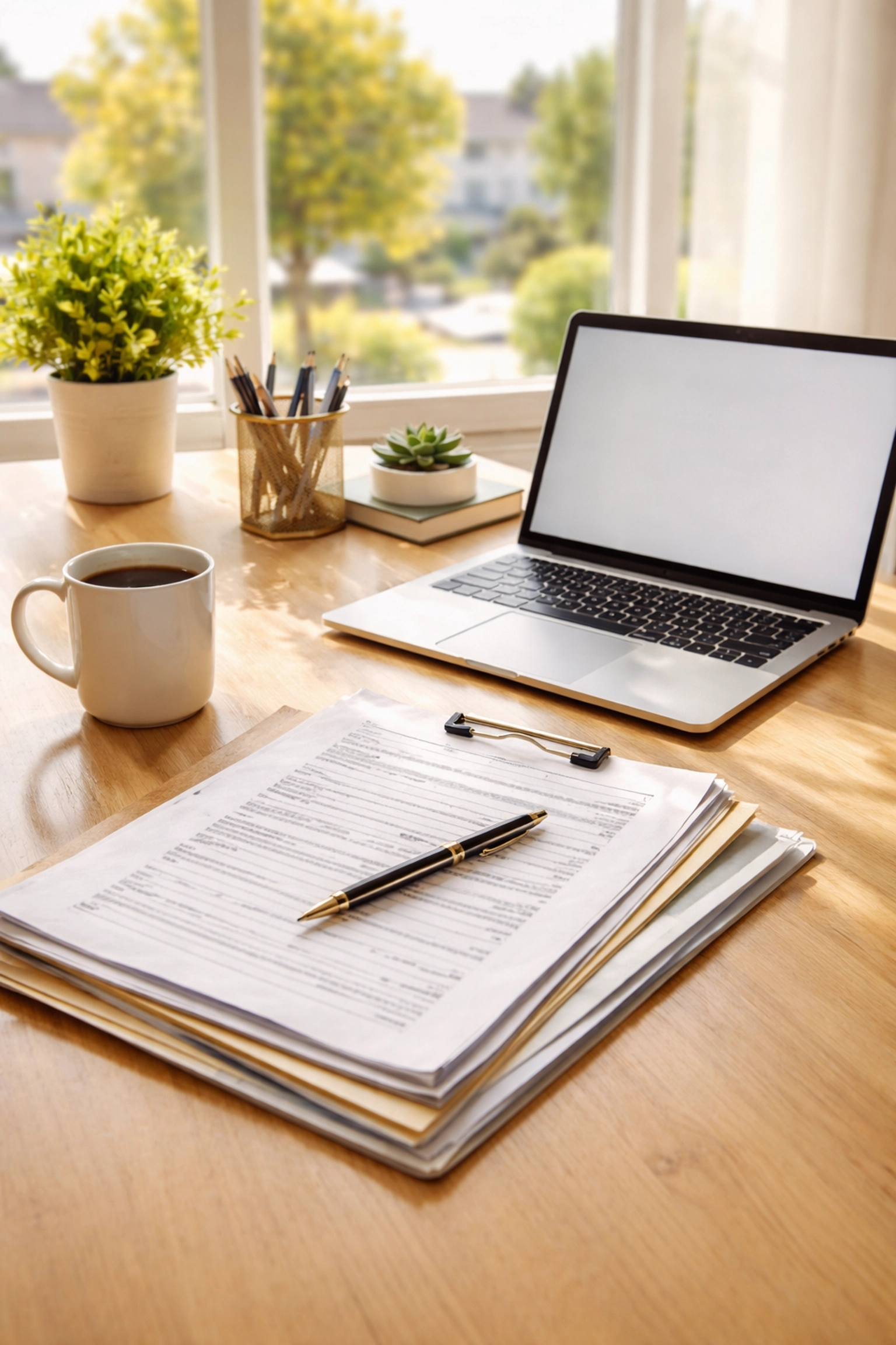 Home office desk with paperwork and laptop, representing moving to Summerville and tackling DMV and voter registration tasks.