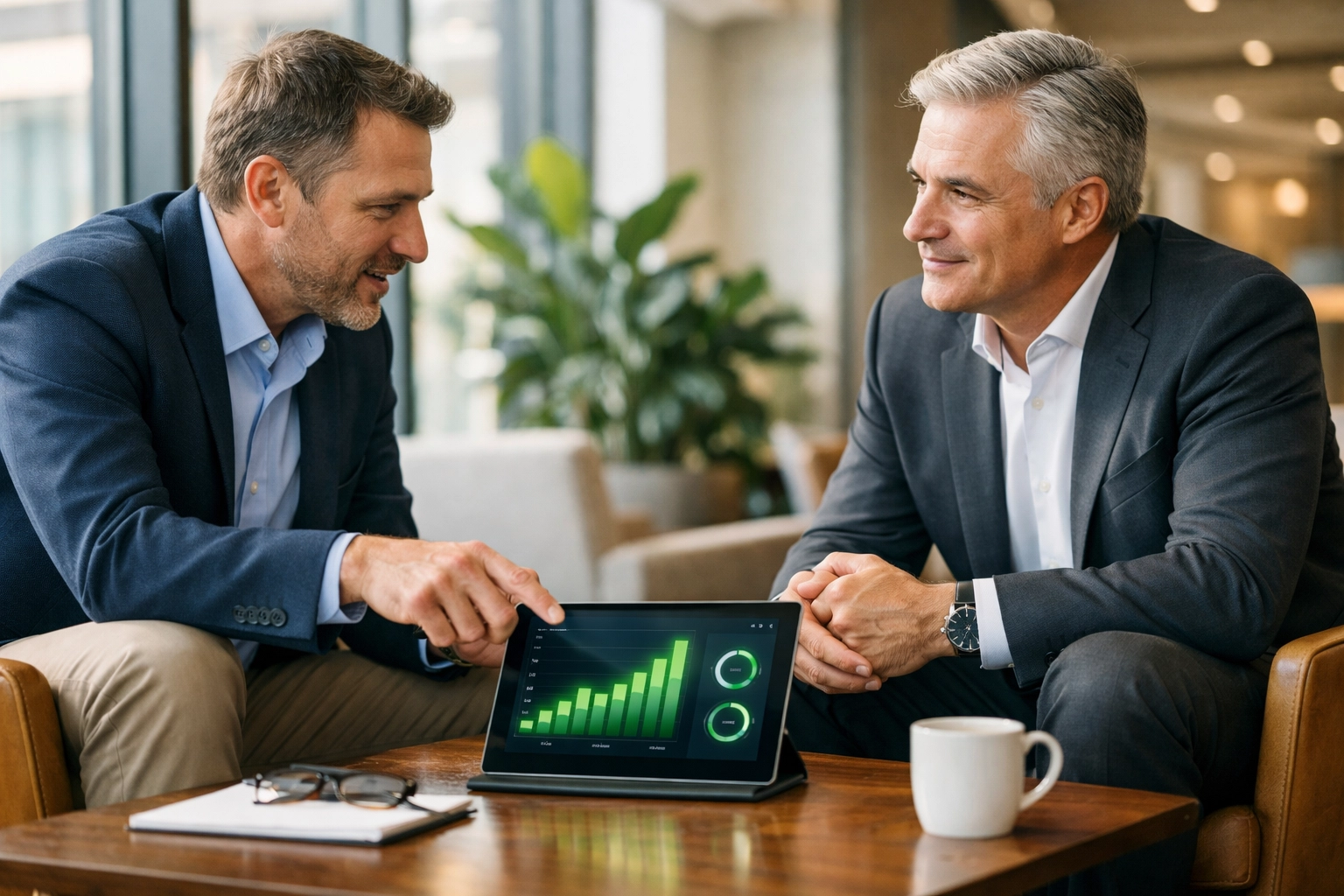 ServiceNow consulting expert reviewing a real-time ROI dashboard with a business executive during a meeting.