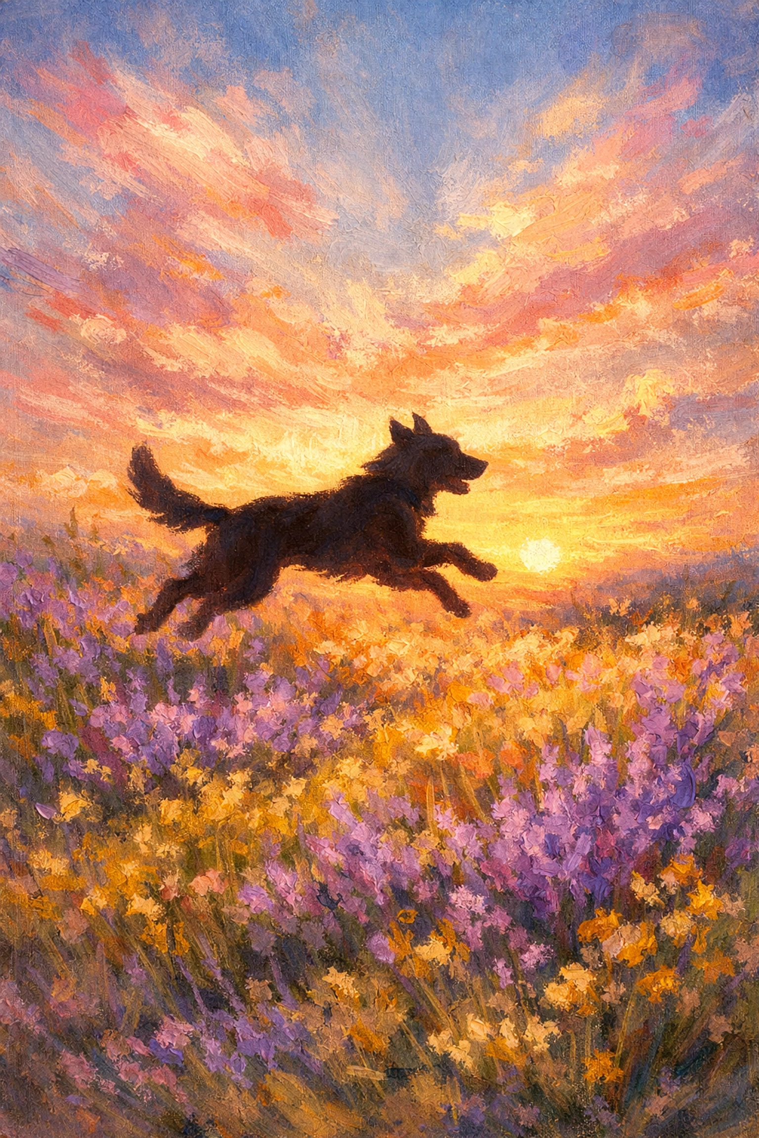 Vibrant illustration of a dog’s silhouette in a meadow, representing peace after pet loss.