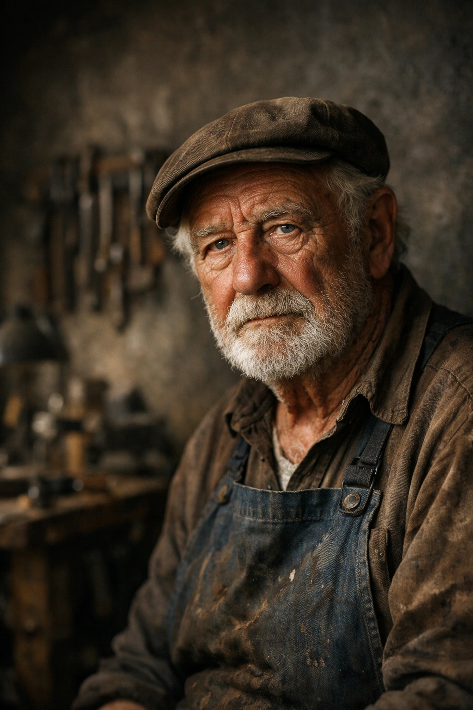 An elderly artisan in a workshop using directional light and background depth for effective portrait photography.