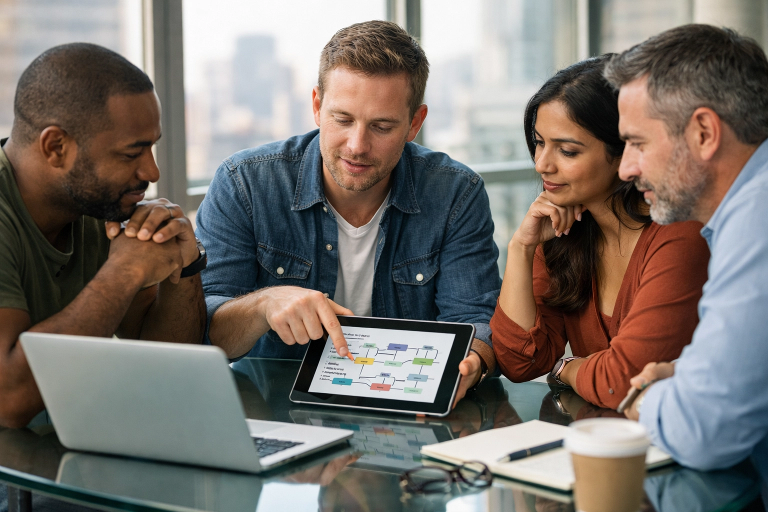 IT consultants discussing ServiceNow implementation strategies for Agentic AI in a collaborative office.