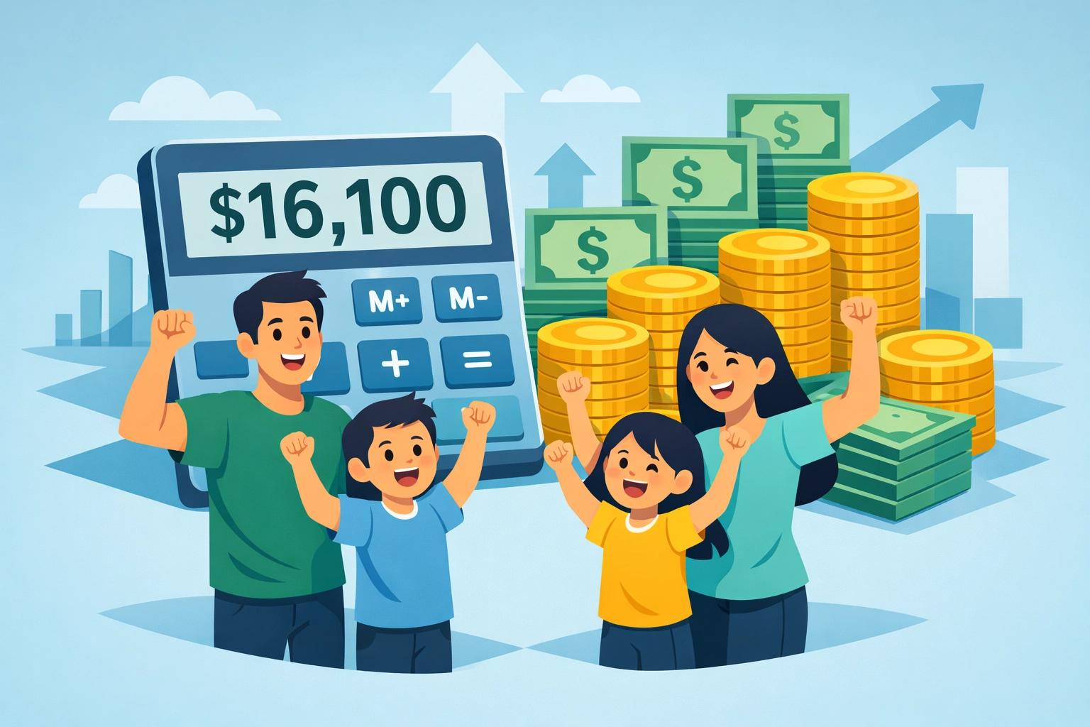 Family celebrating increased 2026 standard deduction of $16,100 with growing tax savings