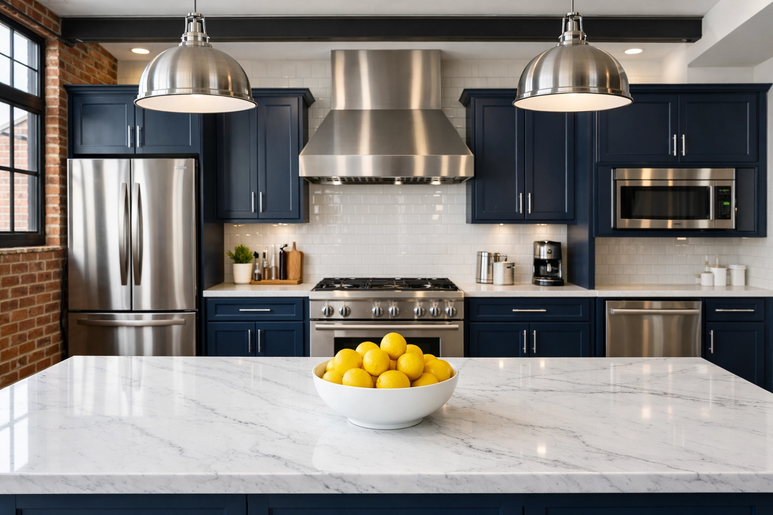 Spotless modern kitchen with white marble counters after a professional deep cleaning Worcester service.