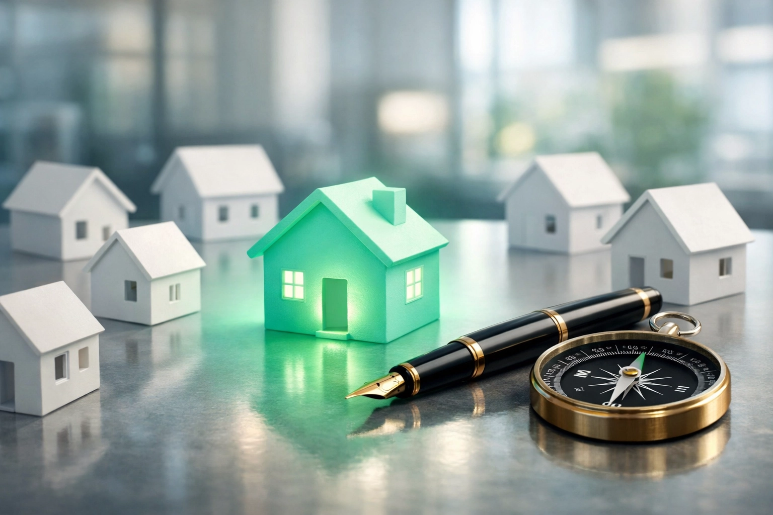 White house models and a compass symbolizing expert guidance in choosing an Islamic finance provider.