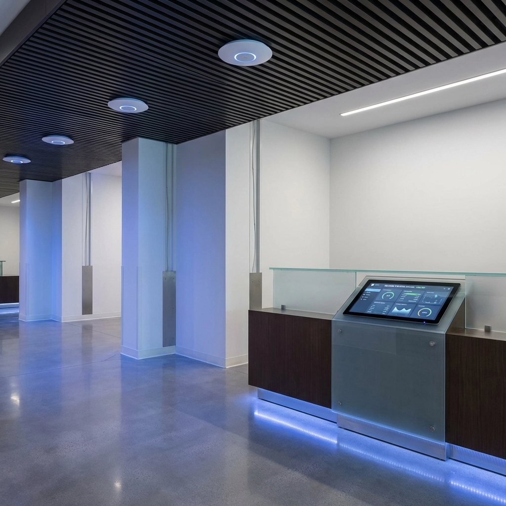 Modern apartment building lobby with advanced digital infrastructure and network access points for MDUs
