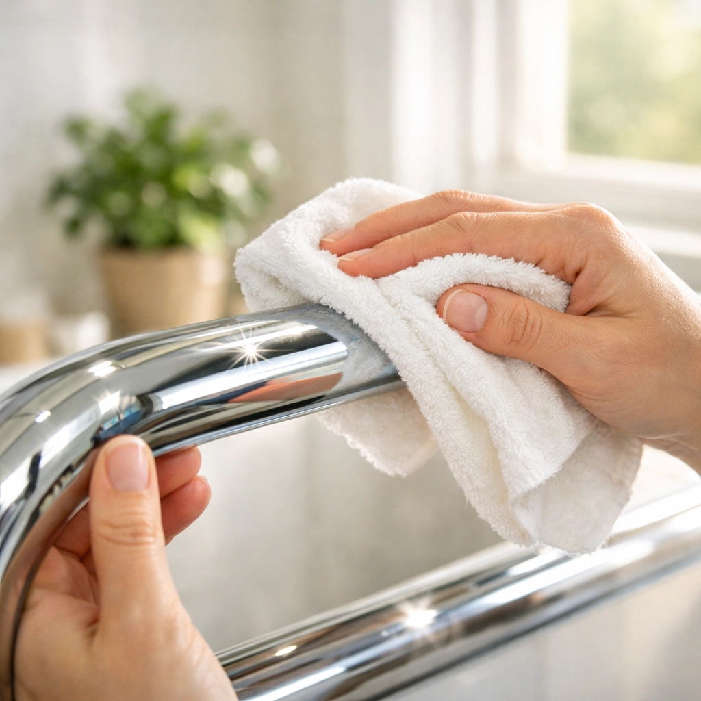 Cleaning a stainless steel grab bar with a cloth to remove soap scum and maintain a safe grip.
