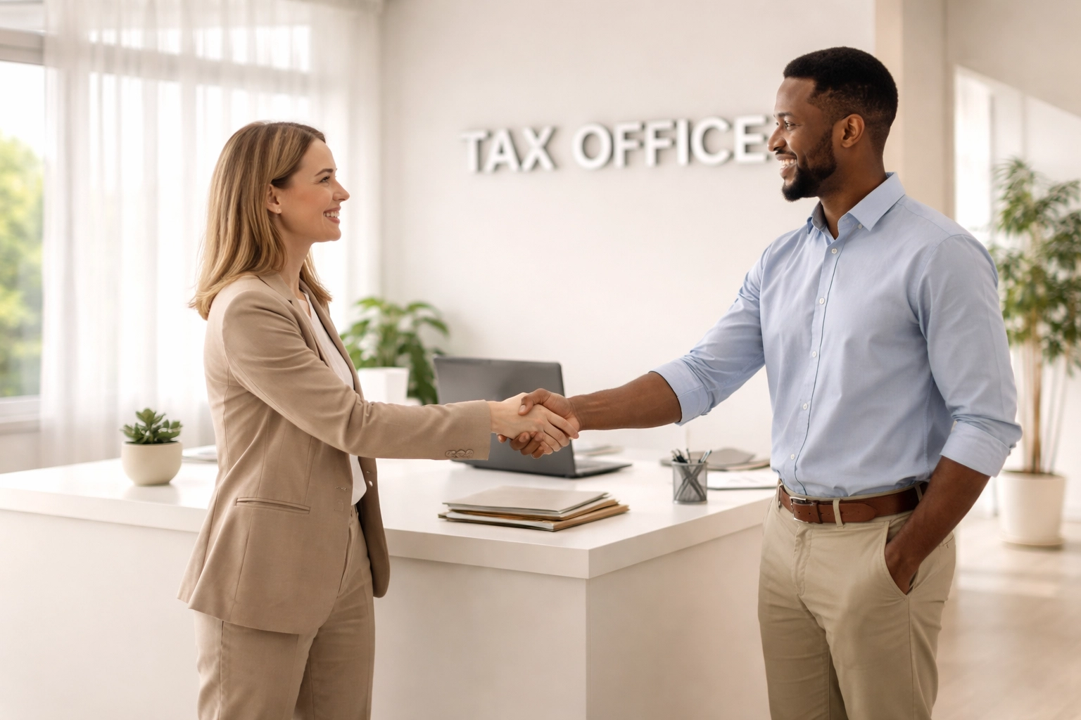 Modern tax office reception with handshake symbolizing professional client onboarding