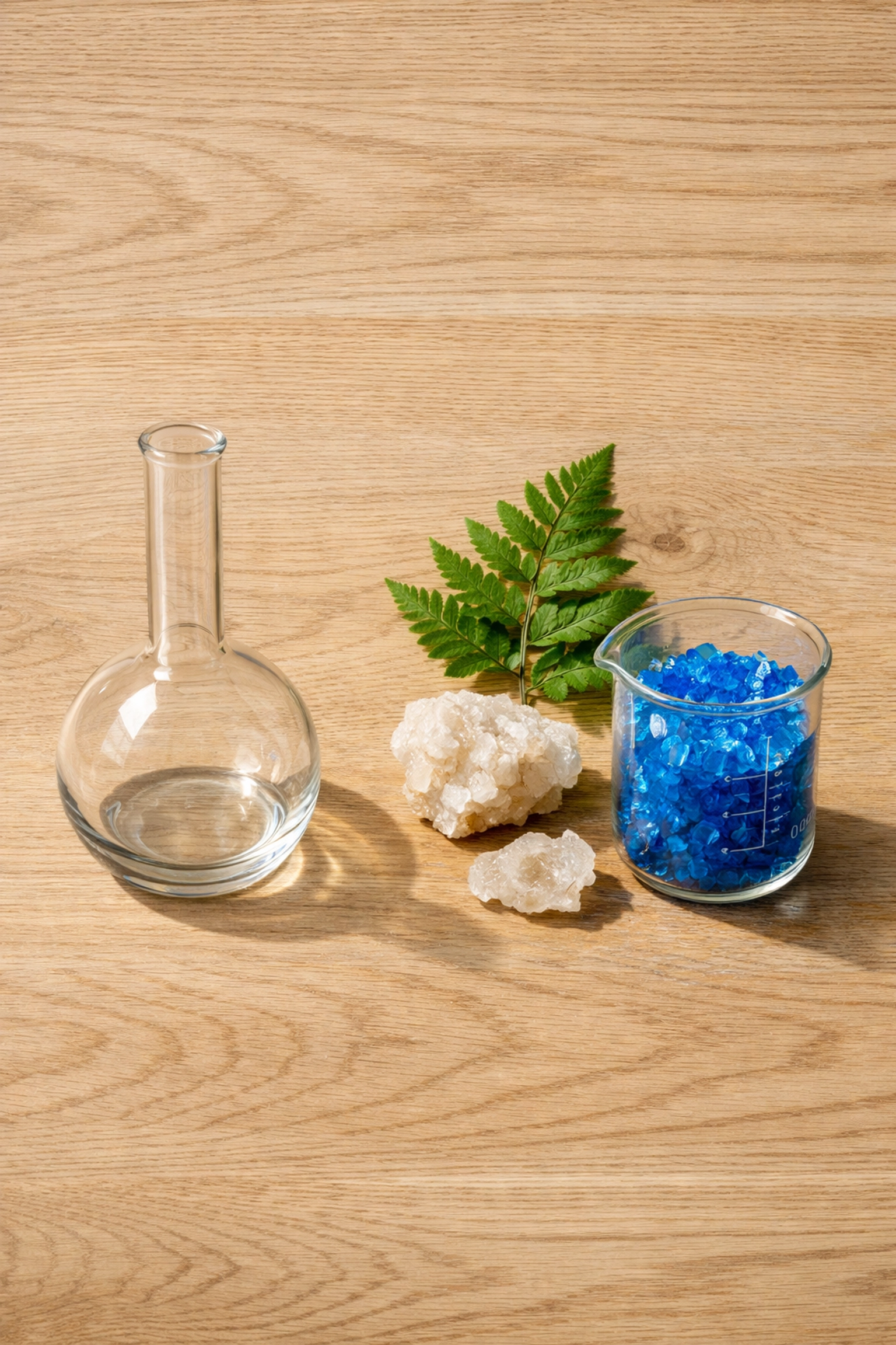 Glassware and natural elements illustrating the choice between Oxford Chemistry and Cambridge NatSci degree paths.