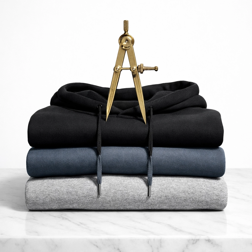 Stacked premium hoodies and an architect's compass showcasing structured quality and professional embroidery services.