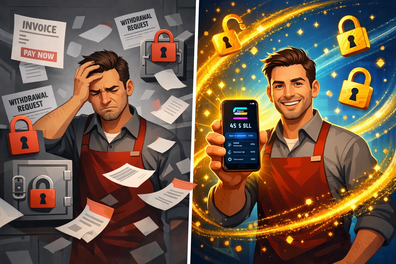 Merchant comparing traditional crypto custody vs self-custody wallet freedom with Larecoin