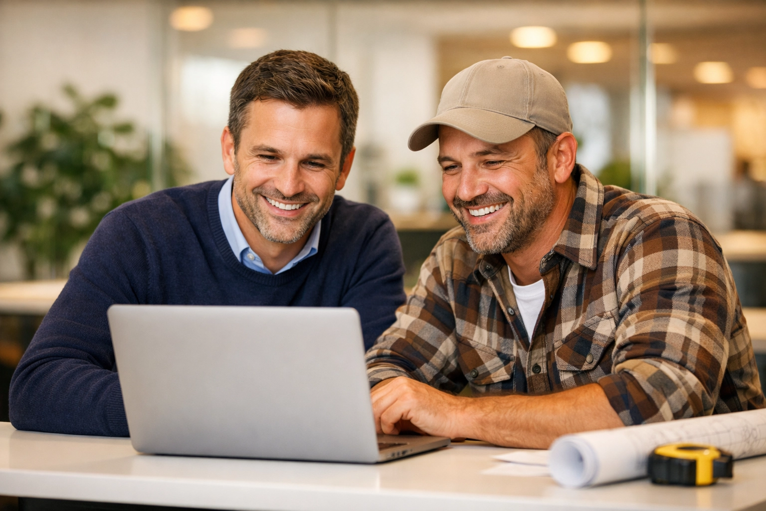A contractor and bookkeeper reviewing digital reports, demonstrating bookkeeping services for contractors.