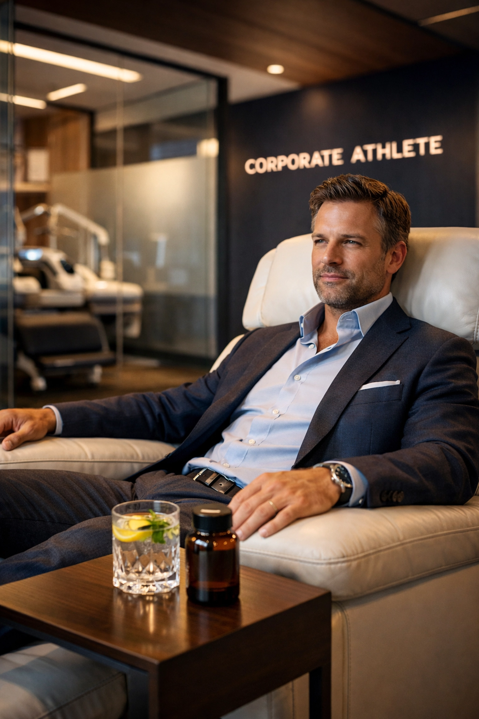 Corporate professional in a high-performance recovery suite at a medical wellness clinic for healthspan optimization.