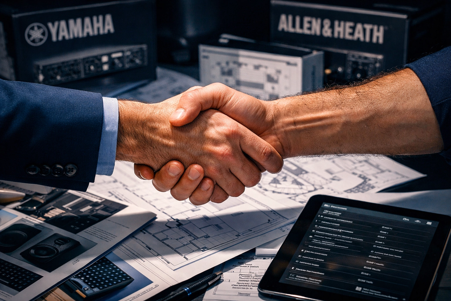 AV dealer and customer reviewing worship space audio video system plans