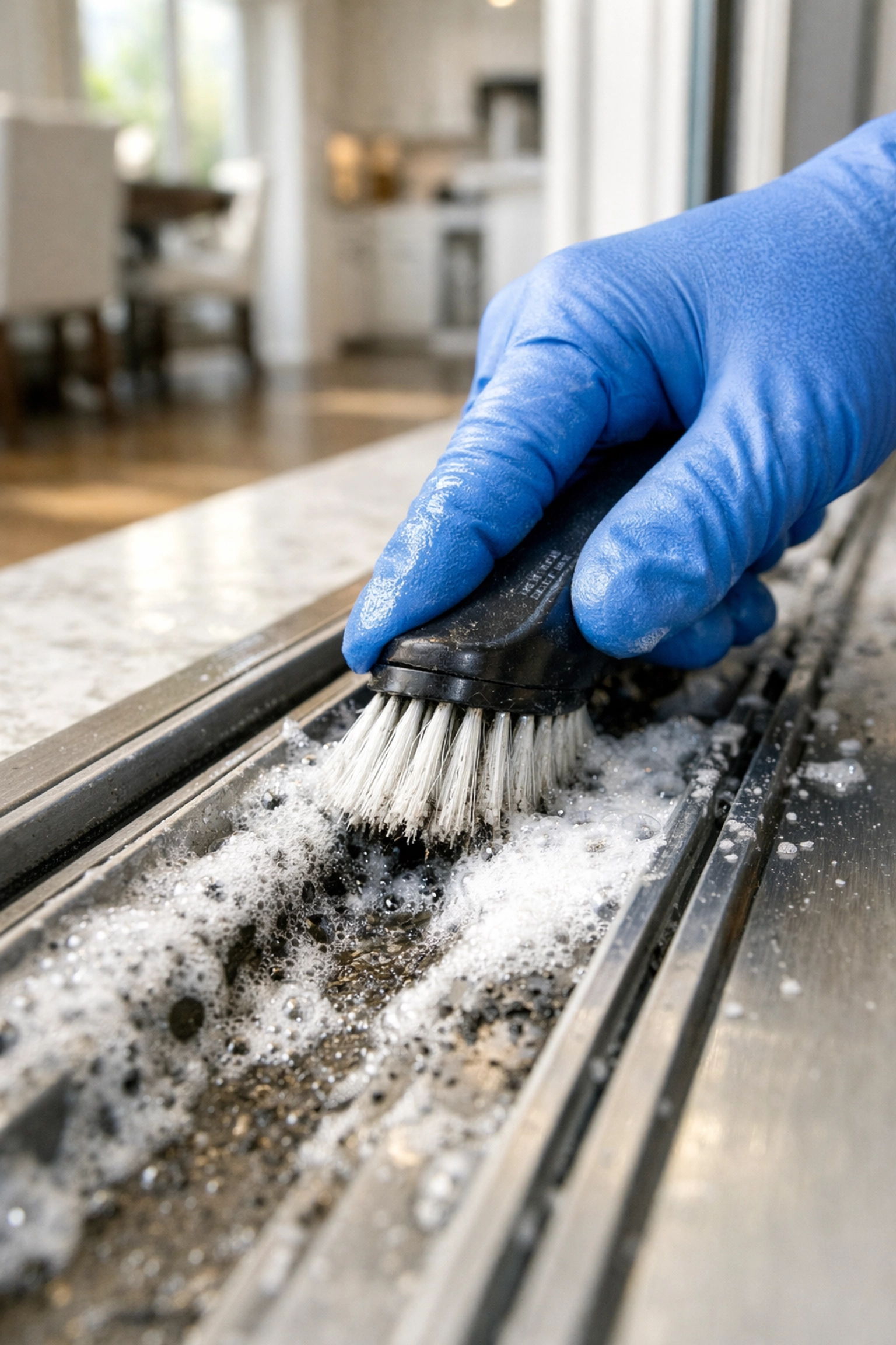 Deep cleaning sliding door tracks with a specialized brush and soapy solution to remove stubborn grime.
