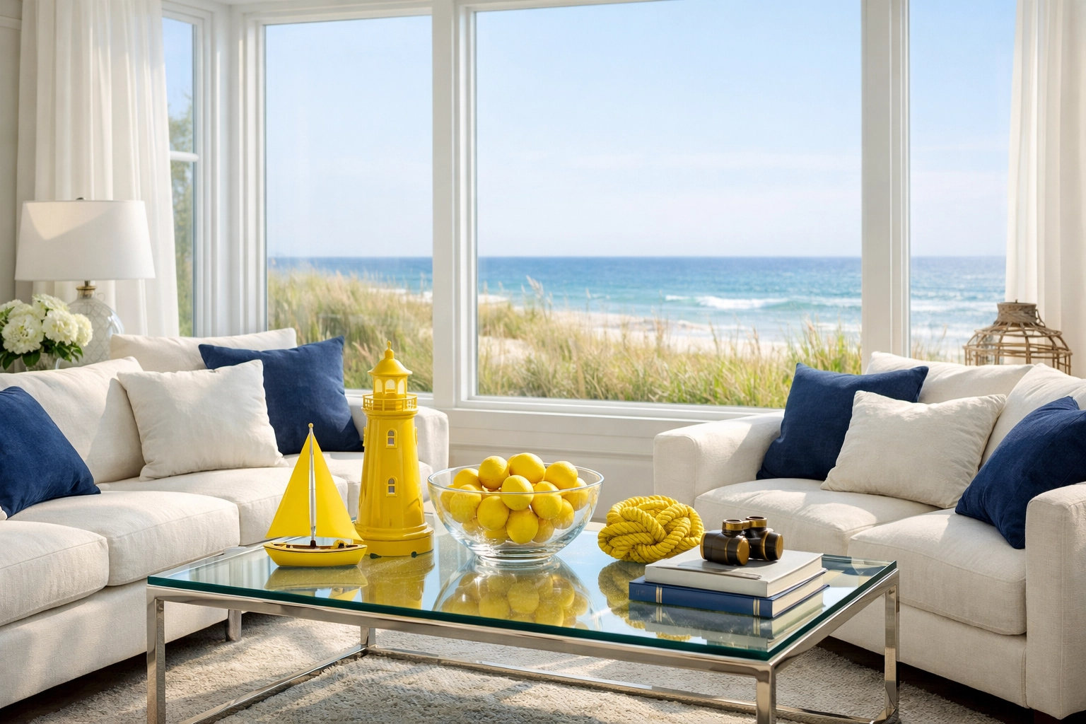 Professional residential cleaning in a sun-drenched coastal Salisbury, MA living room with clean white sofas.