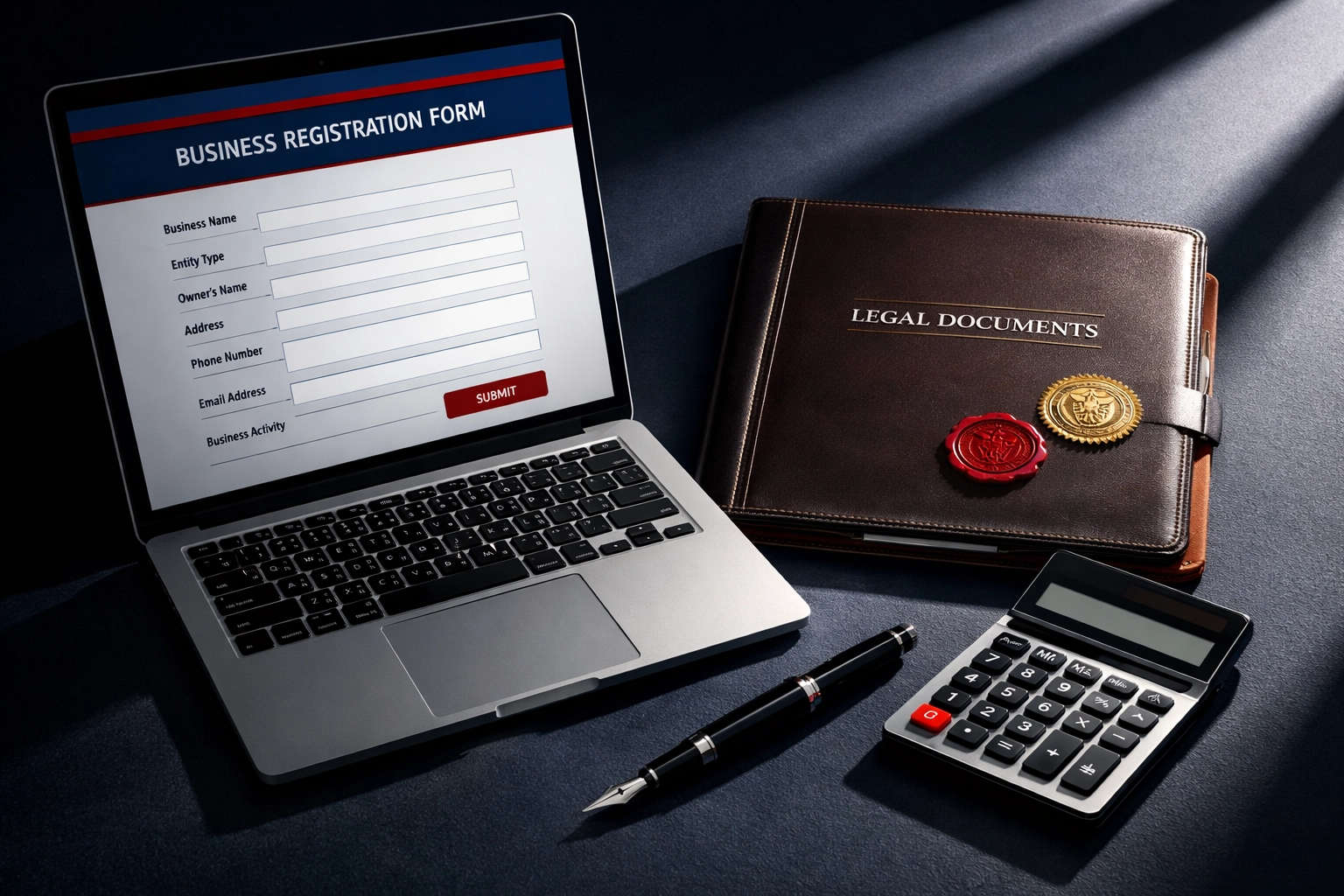 Business registration documents and legal paperwork for starting an online business properly