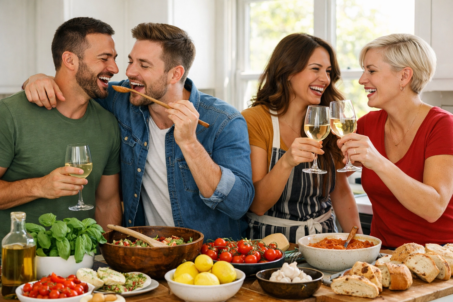 Gay and lesbian couples laughing and cooking a celebratory meal in a bright, modern kitchen.