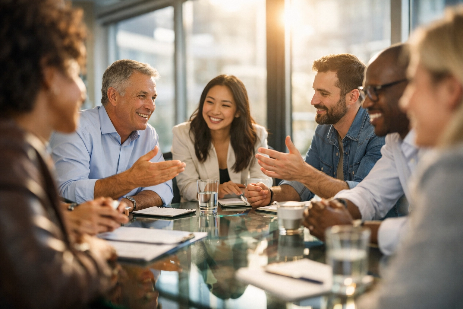 Diverse team collaborating around conference table in inclusive leadership discussion