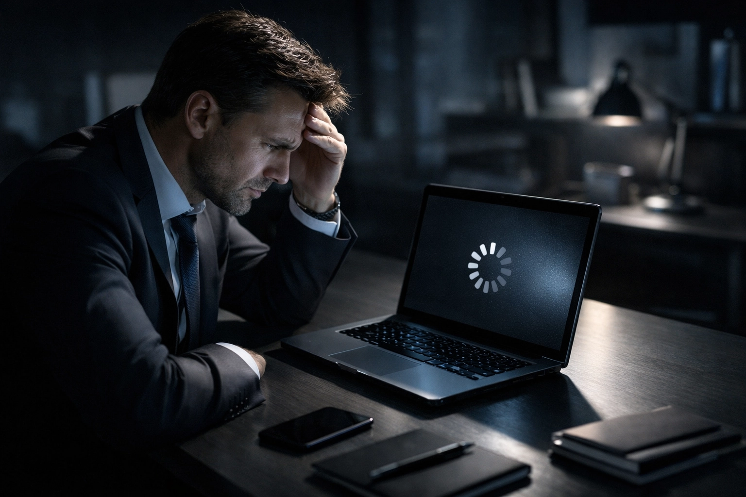 Frustrated business professional waiting for slow loading computer in office
