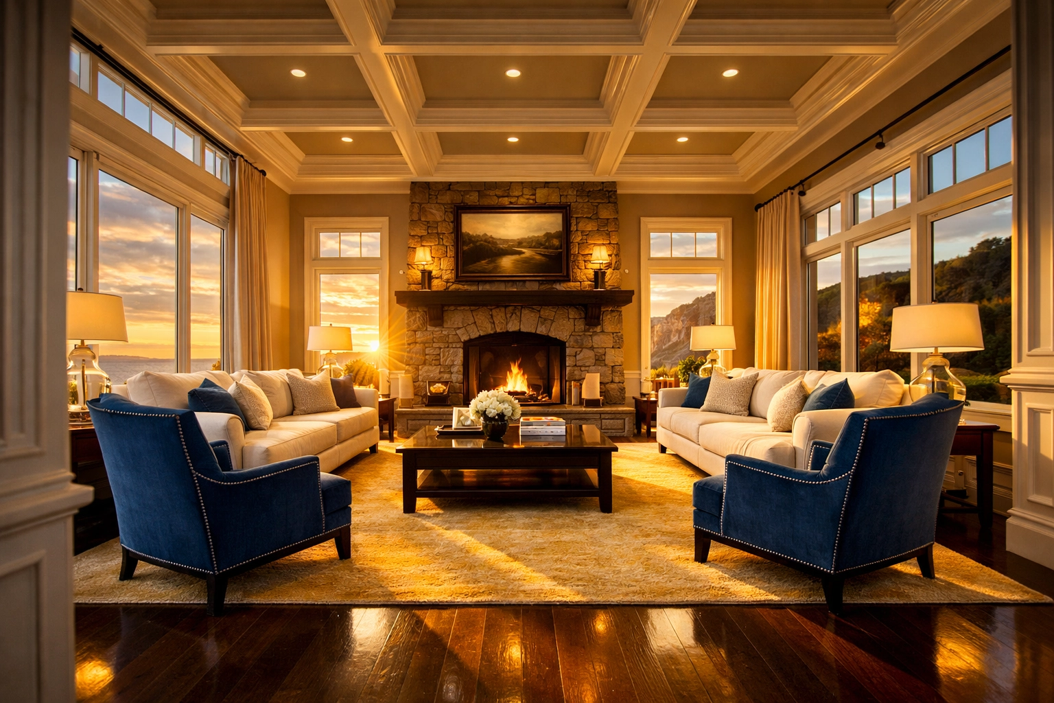 A spotless Dover Massachusetts living room showcasing high-end luxury cleaning standards.