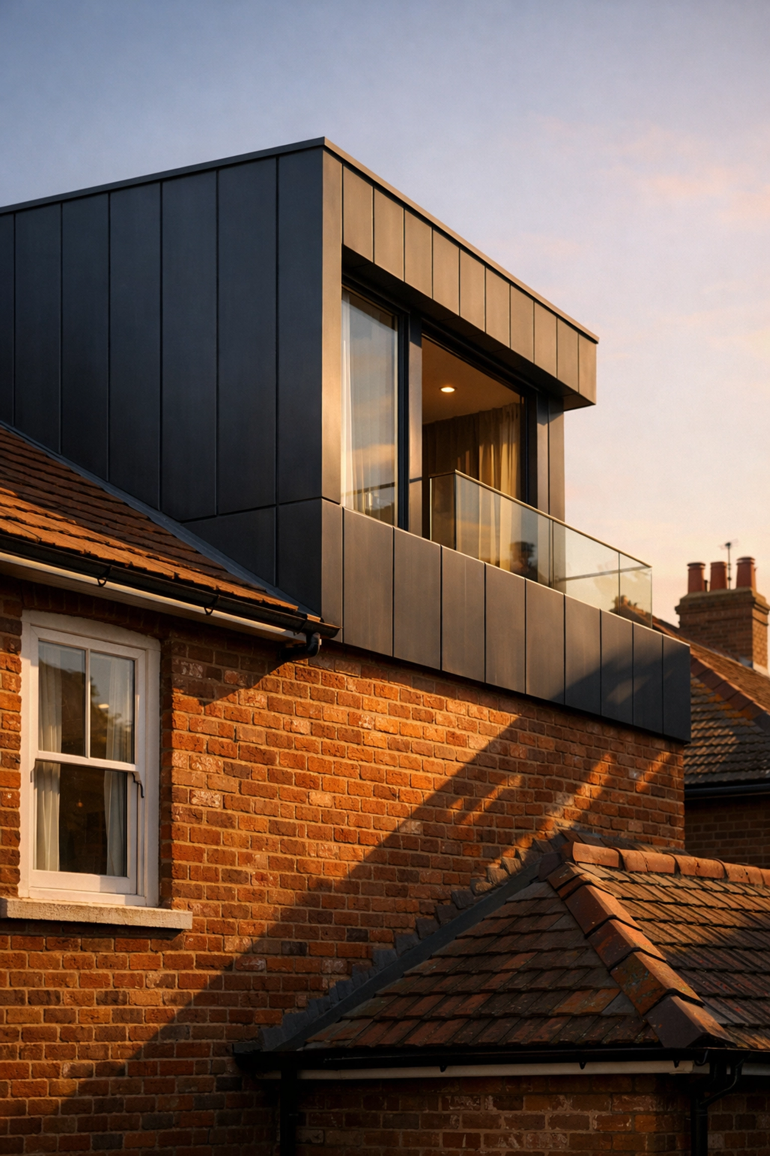 Architectural detail of a set-back second floor extension with charcoal zinc cladding in West Sussex.