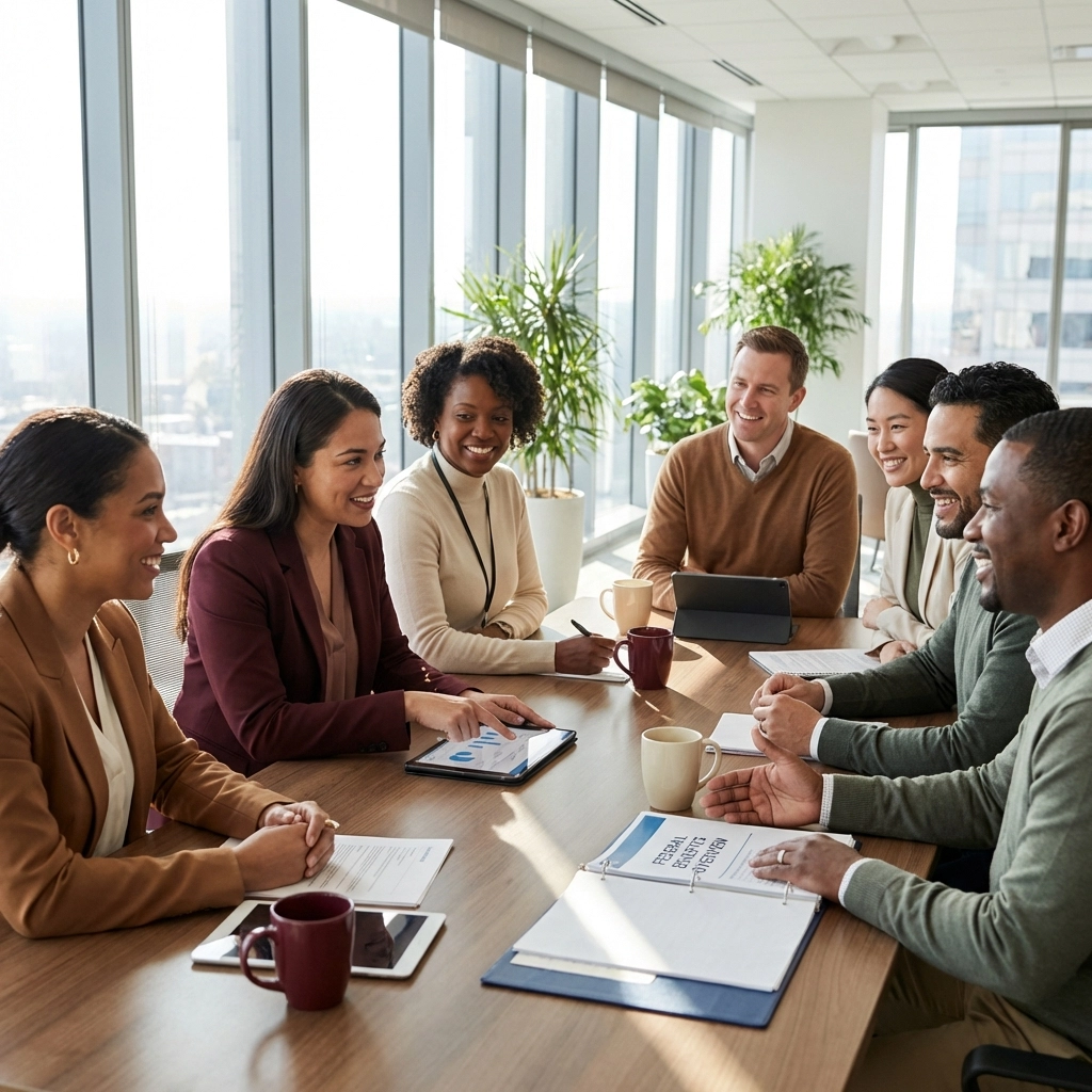 Federal employees collaborating on benefit planning and compliance in a bright office setting